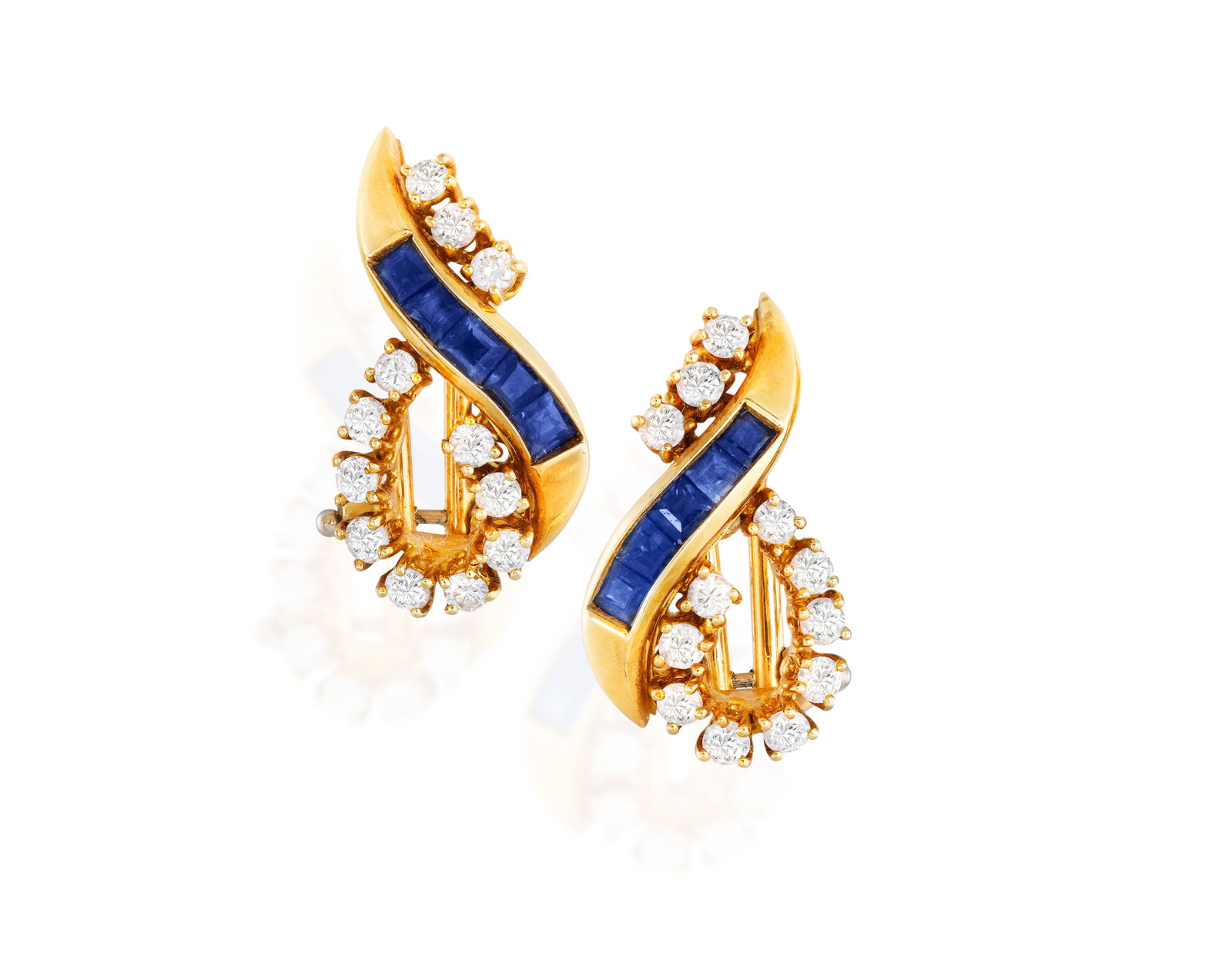A PAIR OF SAPPHIRE AND DIAMOND EARRINGS • Calibré-cut sapphires • brilliant-cut dia: A PAIR OF SAPPHIRE AND DIAMOND EARRINGS • Calibré-cut sapphires • brilliant-cut diamonds, approx. 1.20cts total • mounted in 18K gold • Italian registry marks • Iris