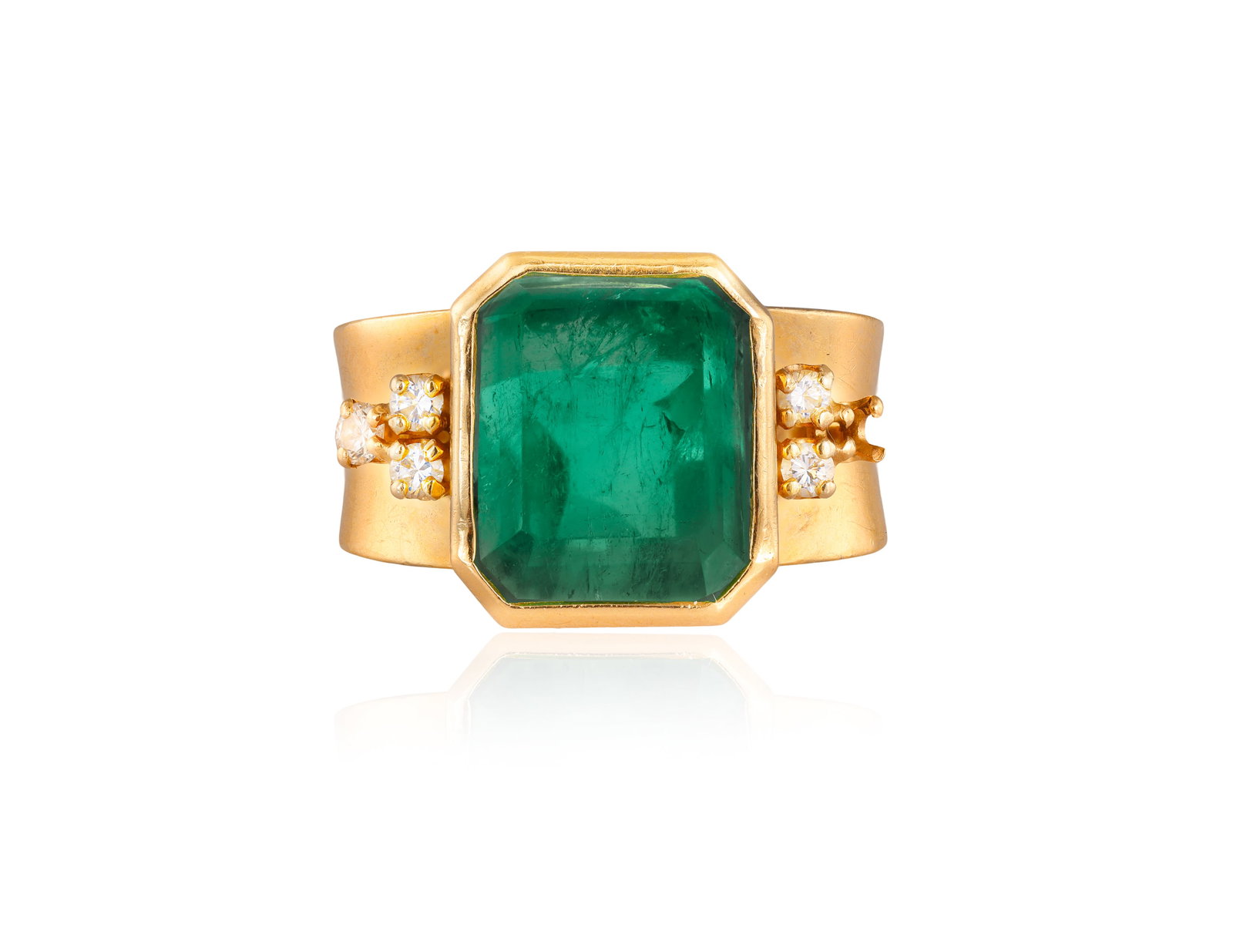 AN EMERALD AND DIAMOND RING • Rectangular-shaped emerald, approx. 5.50cts •: AN EMERALD AND DIAMOND RING • Rectangular-shaped emerald, approx. 5.50cts • brilliant-cut diamonds • mounted in 14K gold • ring size N½