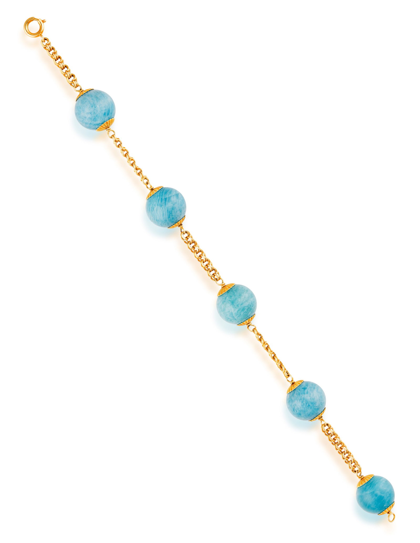 AN AMAZONITE BRACELET • Five circular amazonite beads • fancy-link chain • mounted: AN AMAZONITE BRACELET • Five circular amazonite beads • fancy-link chain • mounted in 18K gold • length 23cm