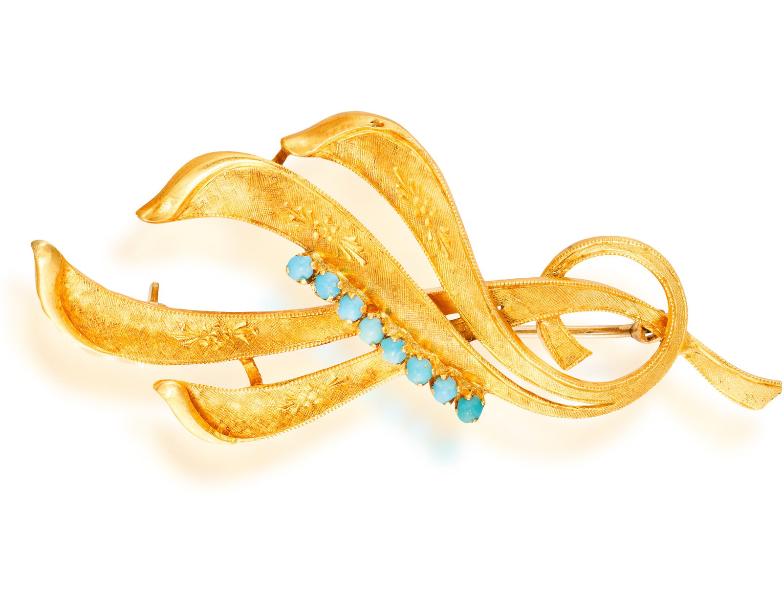 A RETRO TURQUOISE LEAF BROOCH • Circular-cut turquoise cabochons • mounted in 18K gold: A RETRO TURQUOISE LEAF BROOCH • Circular-cut turquoise cabochons • mounted in 18K gold • Italian registry mark between '1944-1968' • length 6cm