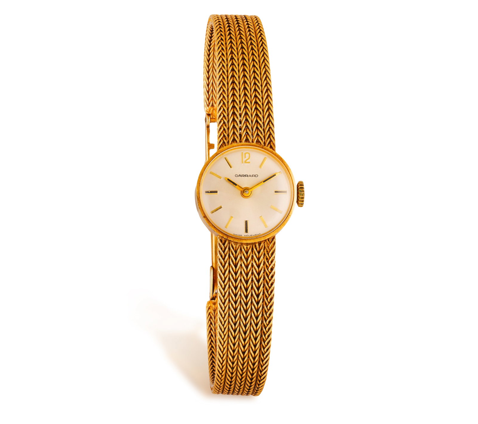 GARRARD: A LADY'S 9K GOLD WATCH, 1975 • Manual wind movement • circular silver dial: GARRARD: A LADY'S 9K GOLD WATCH, 1975 • Manual wind movement • circular silver dial • 12 o’clock Arabic numeral and baton-shaped numerals • baton-shaped hands • fit