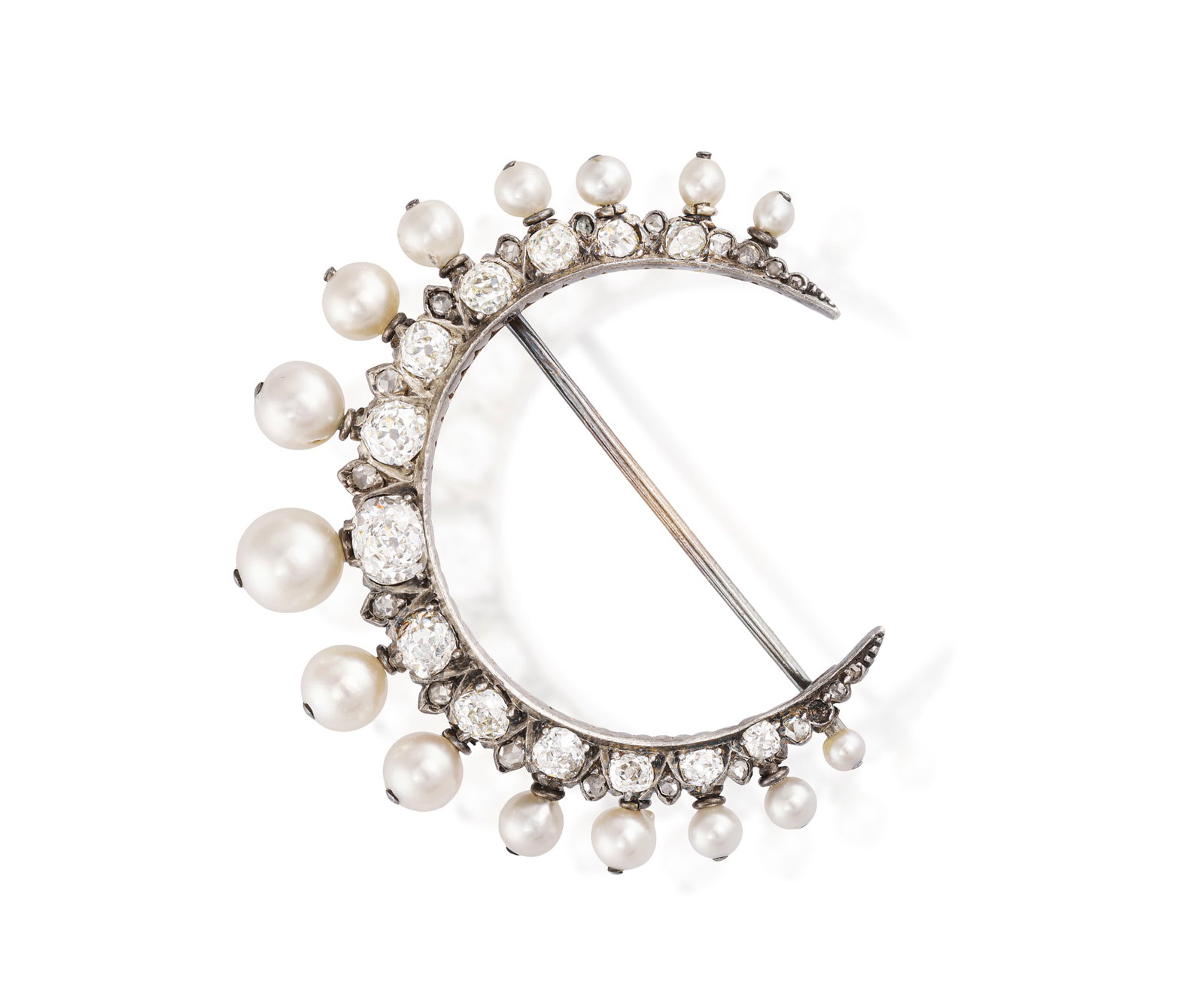 A CULTURED PEARL AND DIAMOND CRESCENT BROOCH • Graduated cultured pearls • old brilliant: A CULTURED PEARL AND DIAMOND CRESCENT BROOCH • Graduated cultured pearls • old brilliant and rose-cut diamonds, approx. 1.80cts total • mounted in silver and 18K gold • width
