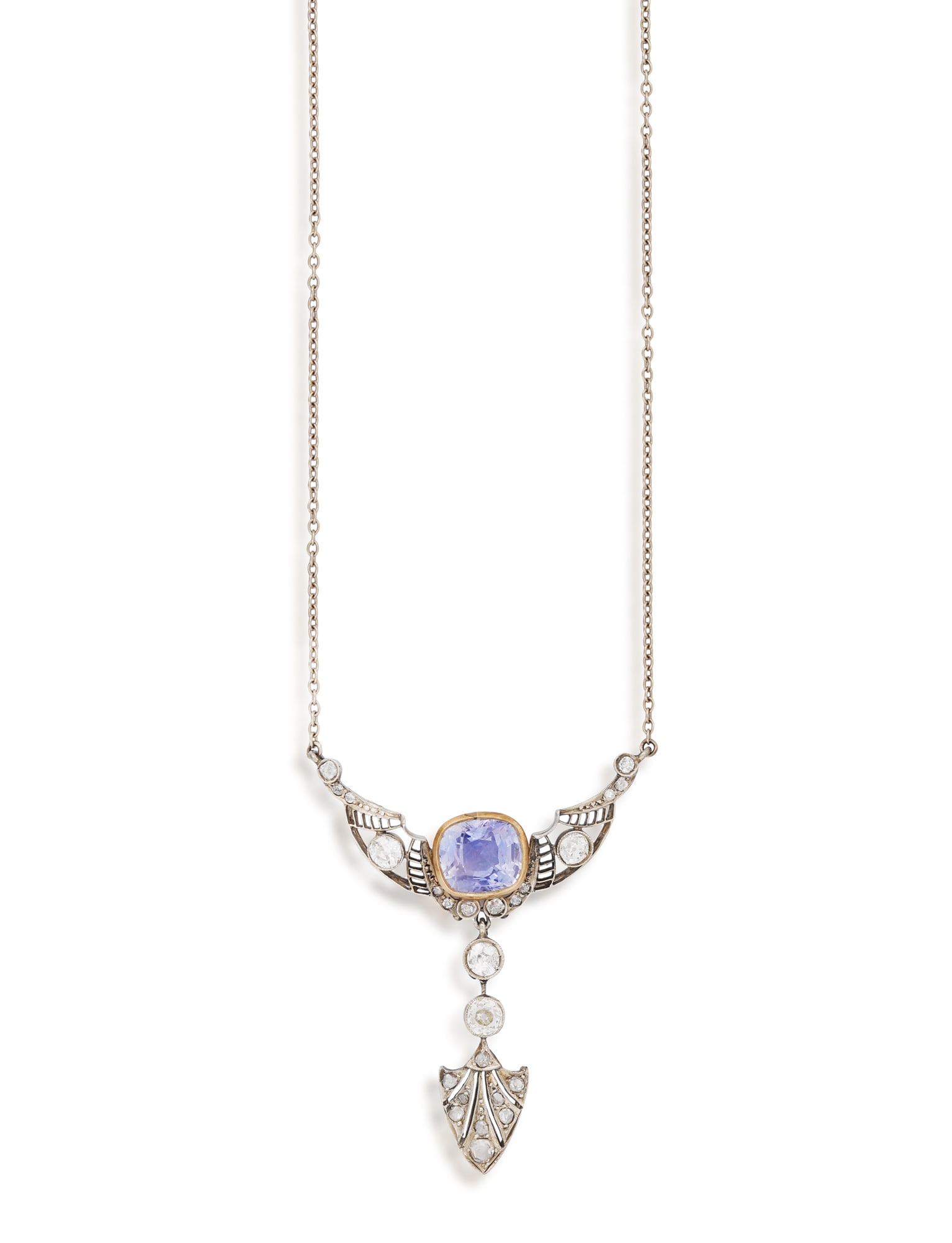 A SAPPHIRE AND DIAMOND PENDANT NECKLACE • A cushion-shaped sapphire, approx. 7.20cts • (1 of 2)