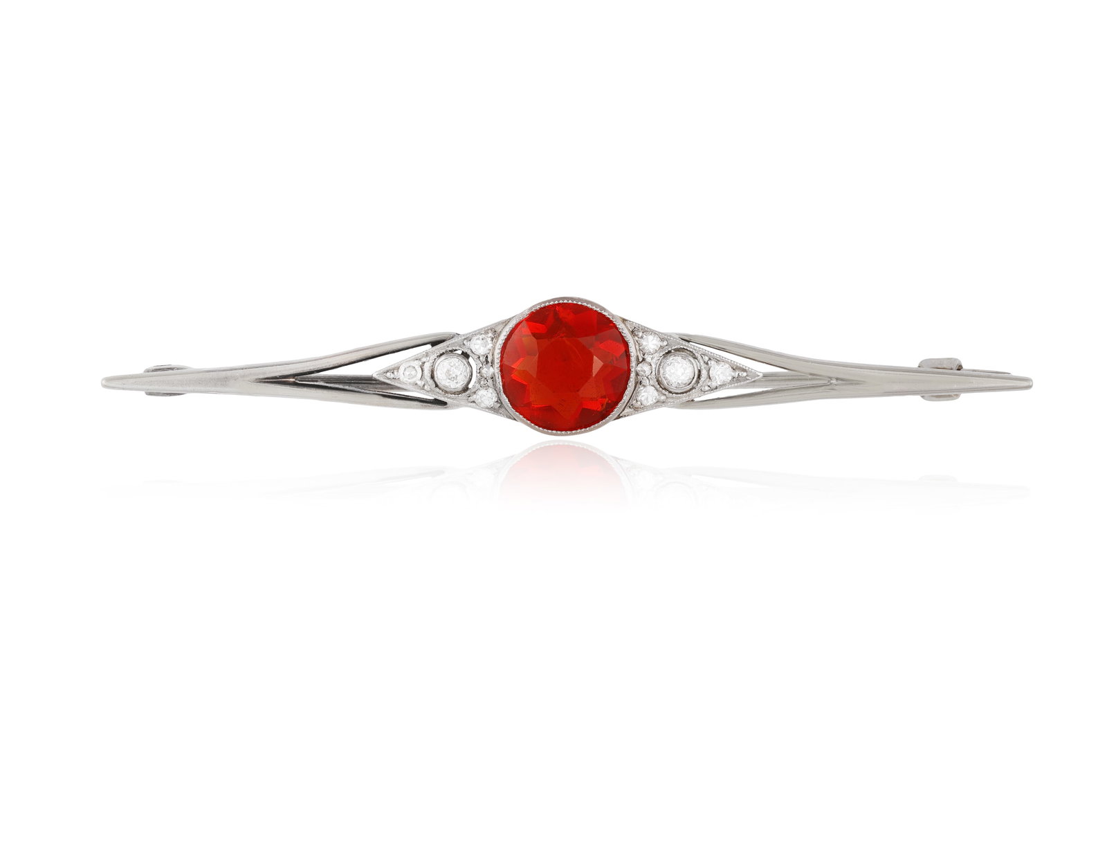 AN EARLY 20TH CENTURY OPAL AND DIAMOND BAR BROOCH • Circular-cut fire opal, approx. 1.30cts (1 of 3)