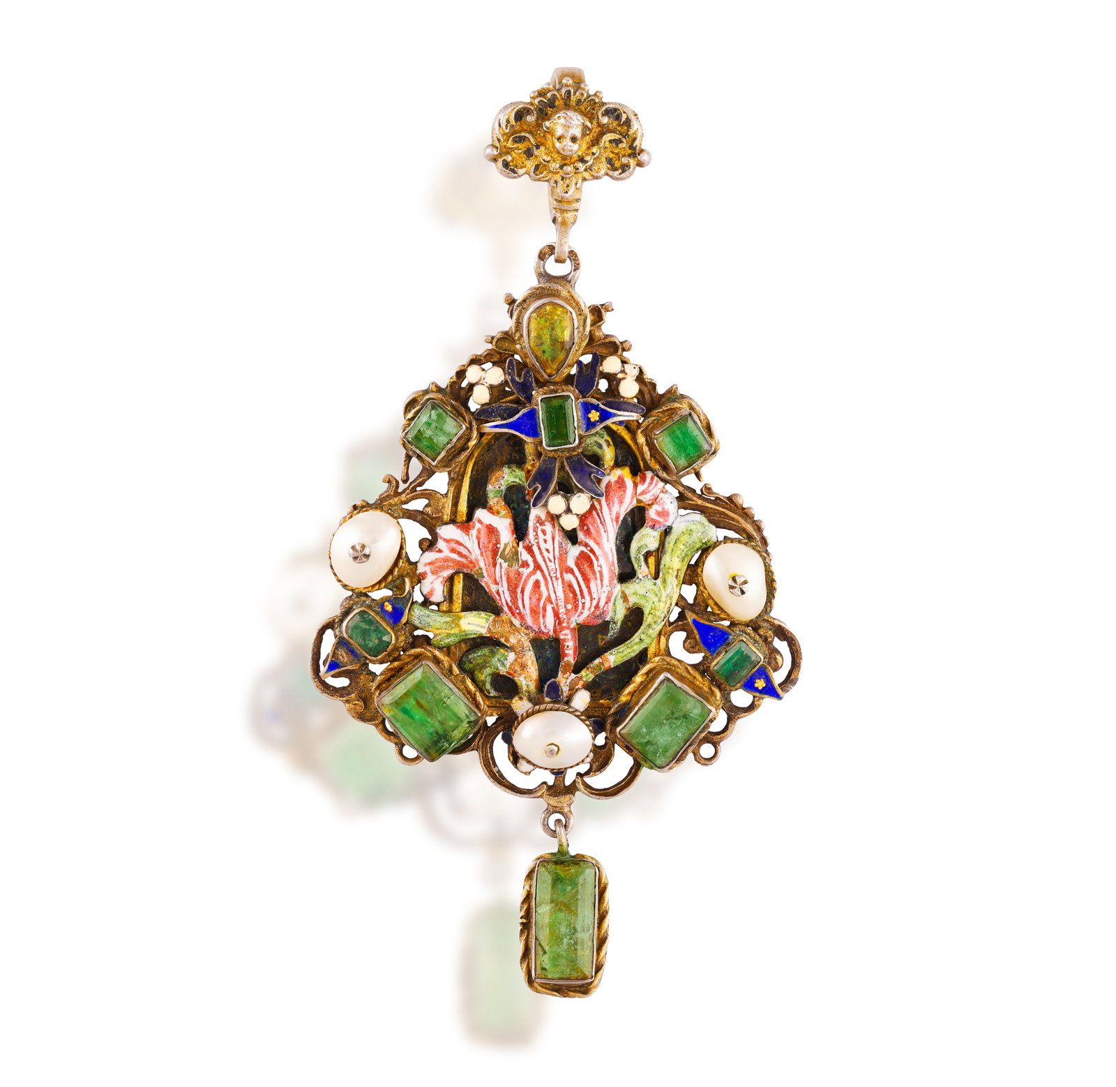 A LATE 19TH CENTURY ENAMEL, PEARL AND EMERALD PENDANT • Square, rectangular and pear-shaped: A LATE 19TH CENTURY ENAMEL, PEARL AND EMERALD PENDANT • Square, rectangular and pear-shaped emeralds • white, pink, green and blue enamel • three pearl beads • mounted in silve