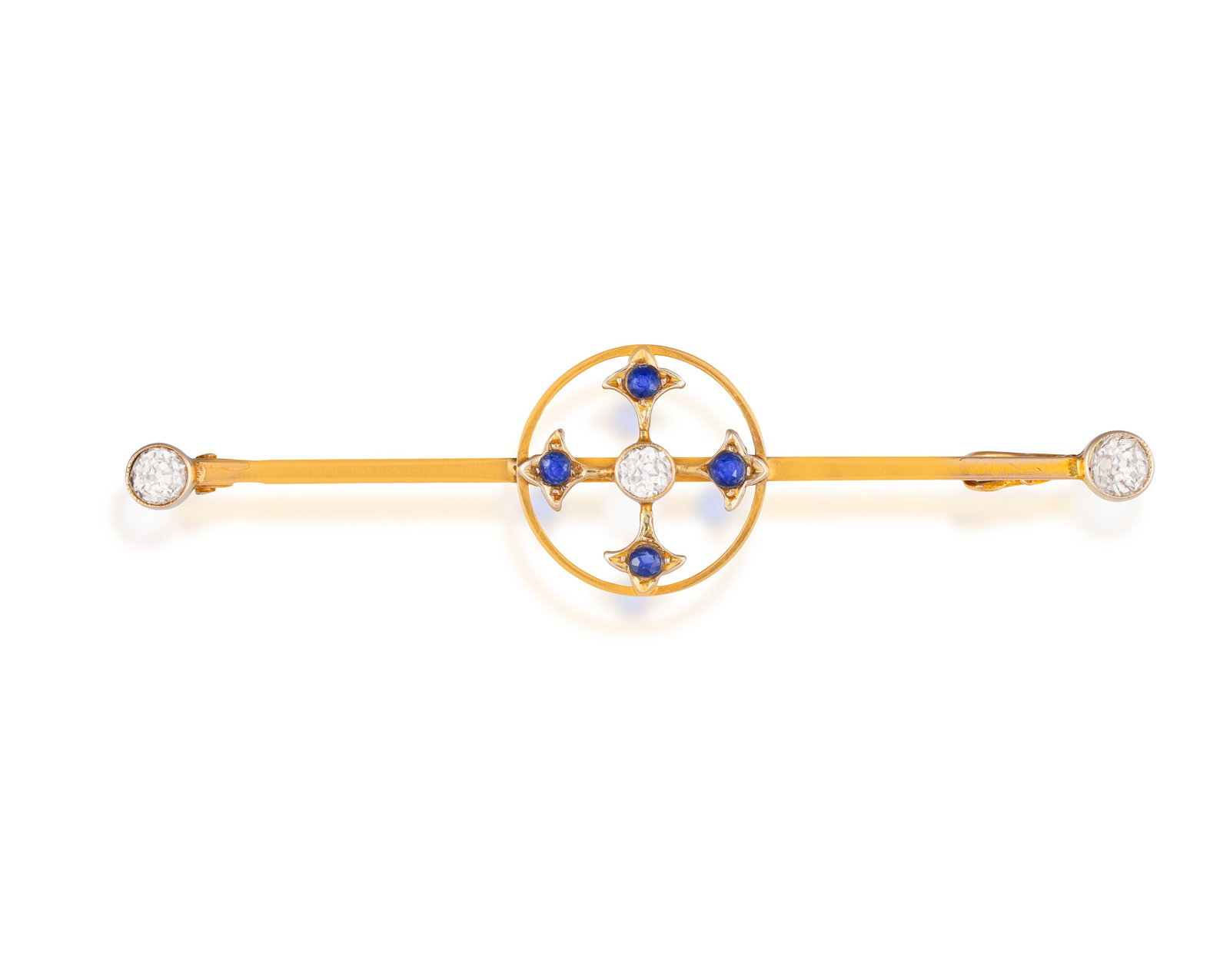 A SAPPHIRE AND DIAMOND BAR BROOCH • Set with three old brilliant-cut diamonds • four cir (1 of 2)