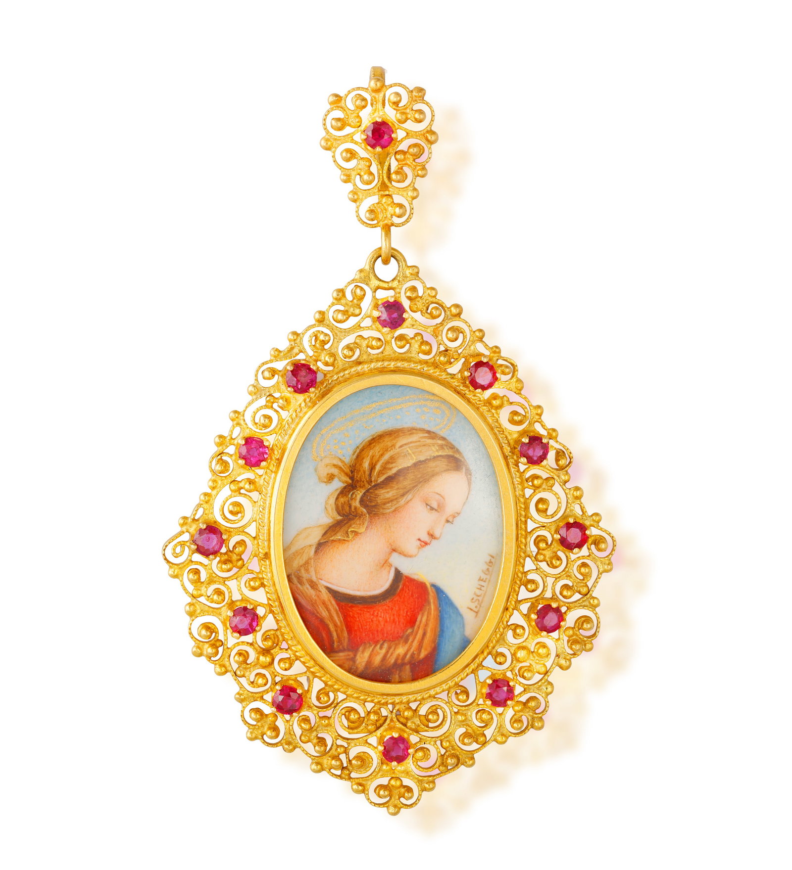 AN ENAMEL AND RUBY PENDANT • An oval-shaped frame with an enamel religious figure • circ (1 of 2)