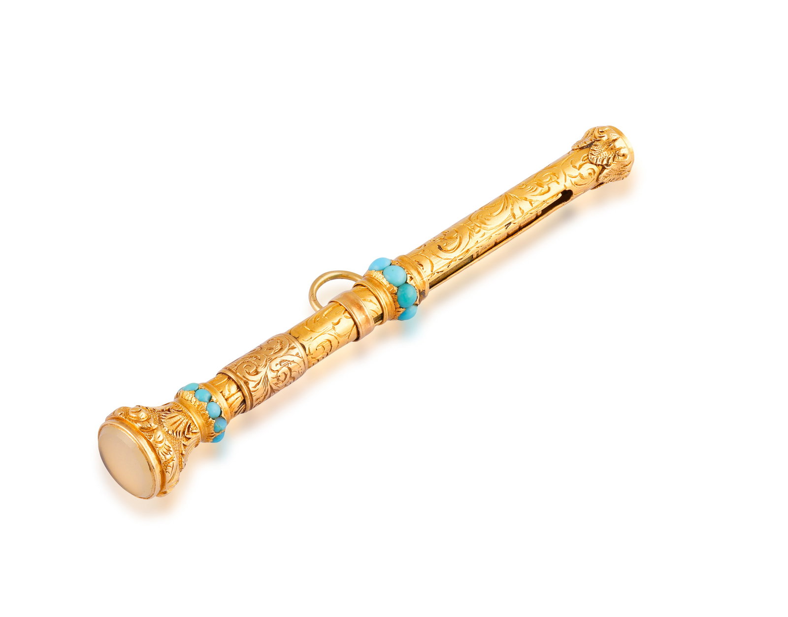 A TURQUOISE AND CHALCEDONY GOLD PENCIL HOLDER • Circular-cut turquoise cabochons • circu (1 of 3)