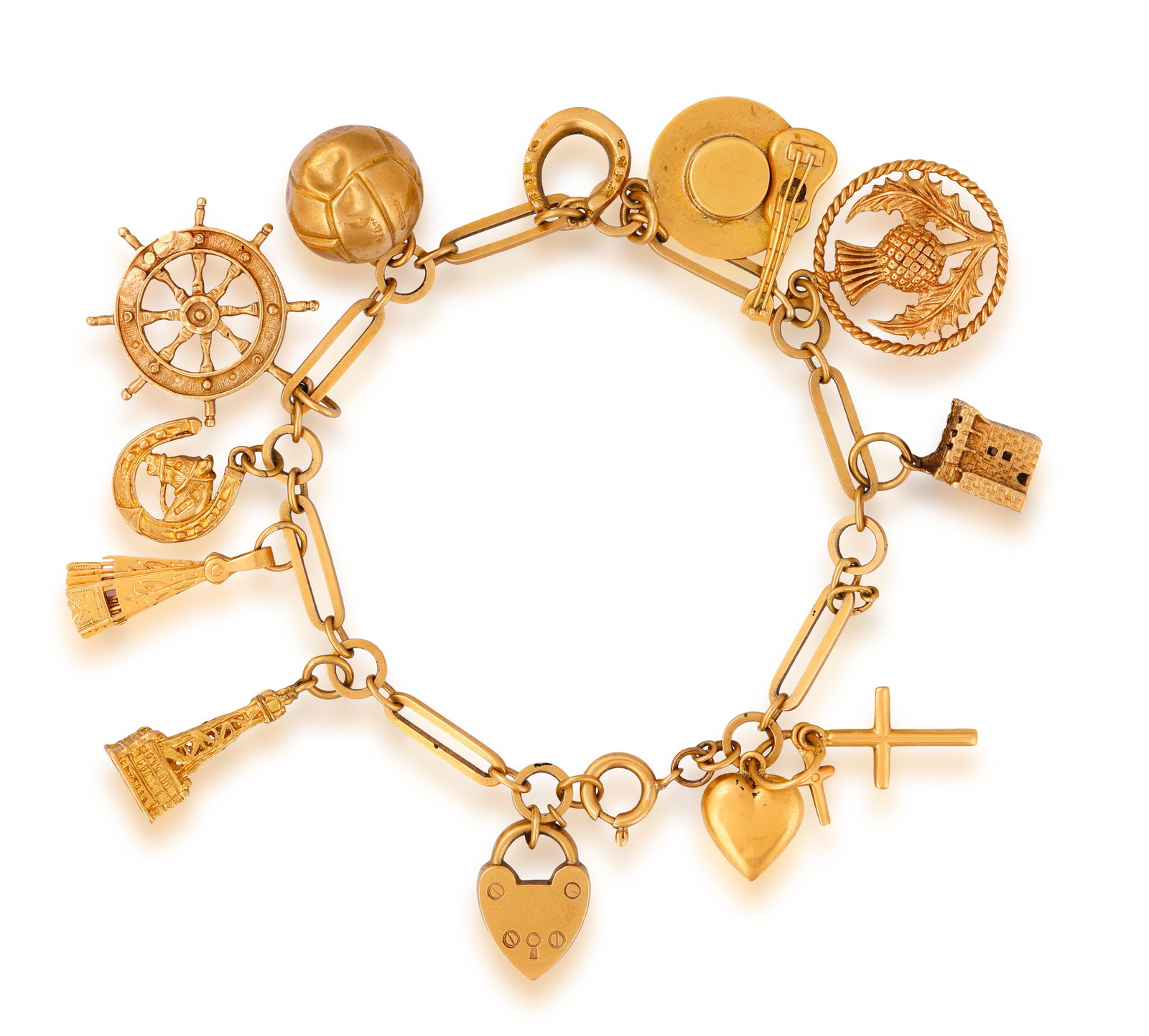A CHARM GOLD BRACELET • Fancy-link chain • suspending eleven various charms • in 9 (1 of 3)