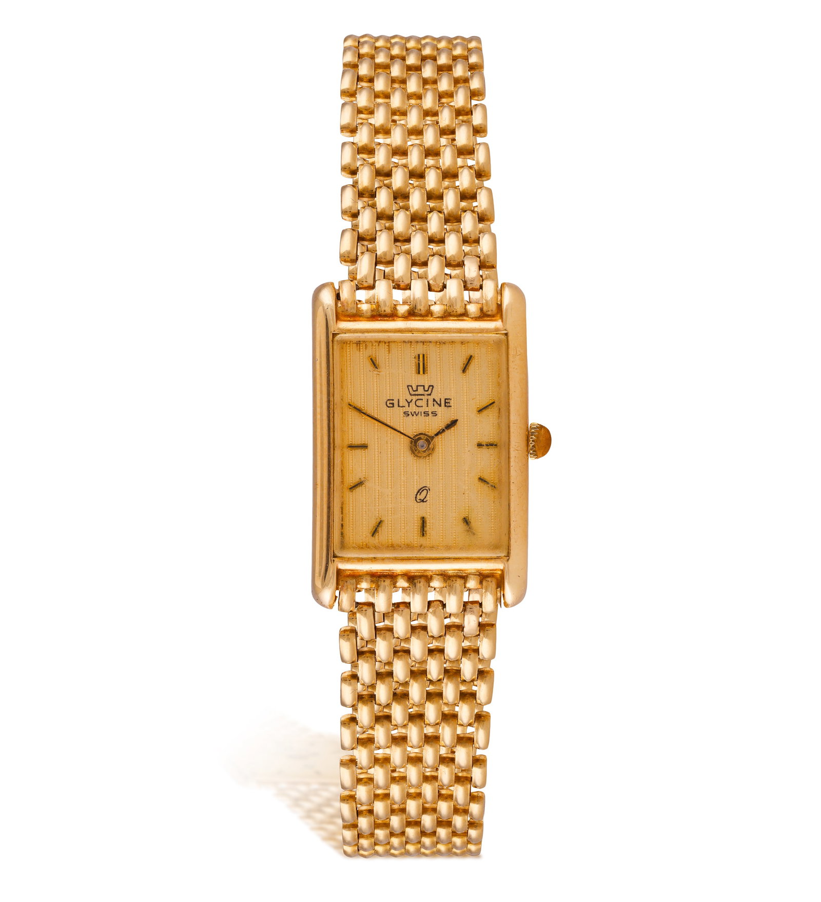 GLYCINE: A 9K GOLD WRISTWATCH • Quartz movement • rectangular case • golden dial & (1 of 2)