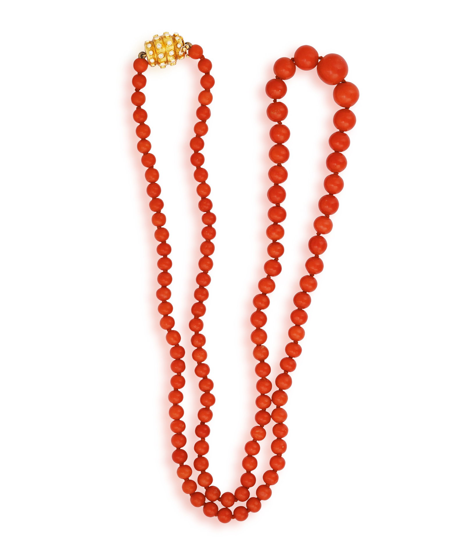 A CORAL AND DIAMOND NECKLACE • Graduated coral beads • single-cut diamonds • clasp: A CORAL AND DIAMOND NECKLACE • Graduated coral beads • single-cut diamonds • clasp in 18K gold • Italian registry mark between '1944-1968' • length 75cm **Prospective buy