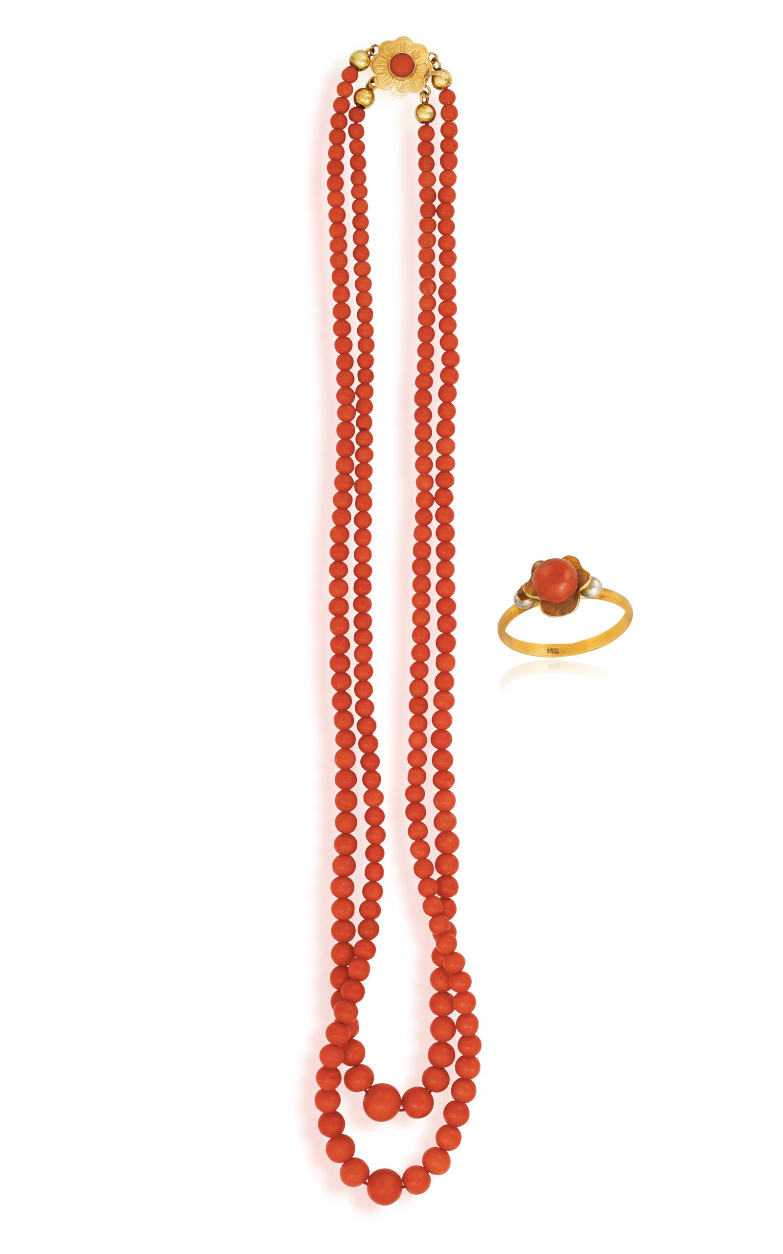 A CORAL BEAD NECKLACE AND RING • Two rows of graduated coral beads • coral gold clasp; (1 of 7)