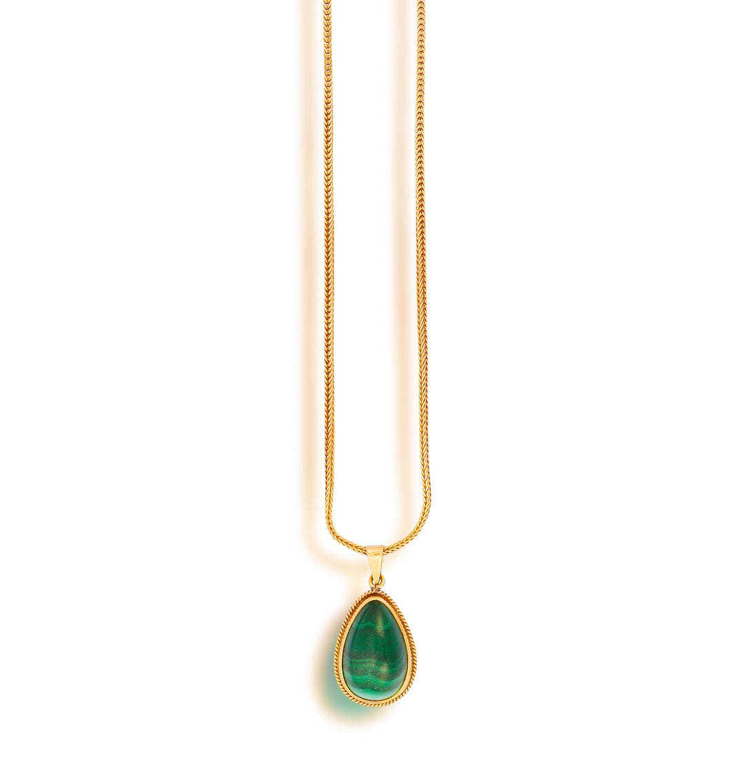 A MALACHITE PENDANT ON CHAIN • A malachite cabochon drop • snake-link chain • (1 of 2)