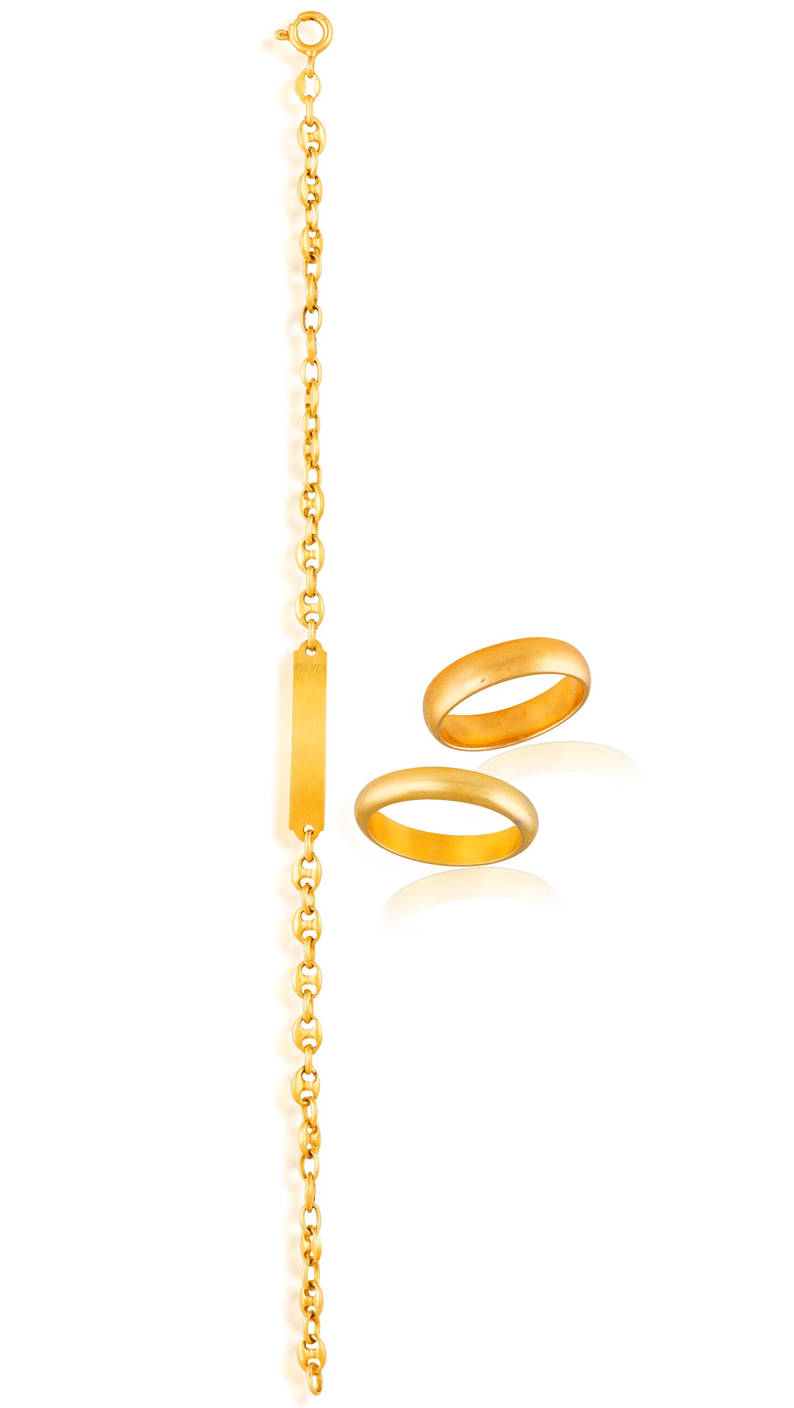 A GOLD GOURMETTE BRACELET AND TWO RINGS • Mariner-link bracelet • in 18K gold • It (1 of 2)
