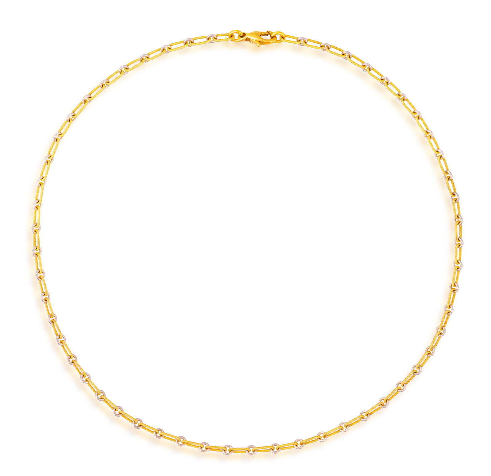 AN 18K GOLD CHAIN NECKLACE • Paper-clip textured links and hoop connectors • in 18K whit: AN 18K GOLD CHAIN NECKLACE • Paper-clip textured links and hoop connectors • in 18K white and yellow gold • English hallmarks • European convention mark • length 43cm