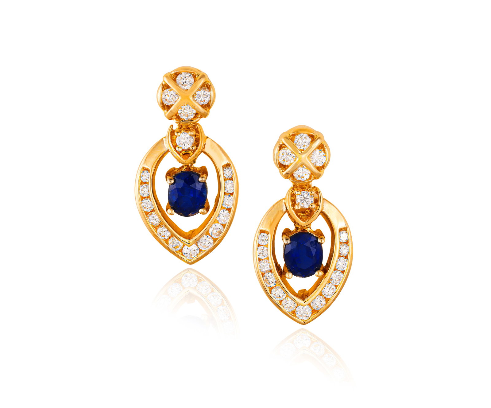 A PAIR OF SAPPHIRE AND DIAMOND PENDENT EARRINGS • Two oval-shaped sapphires •: A PAIR OF SAPPHIRE AND DIAMOND PENDENT EARRINGS • Two oval-shaped sapphires • brilliant-cut diamonds • mounted in 18K gold • Italian registry mark • English import marks 