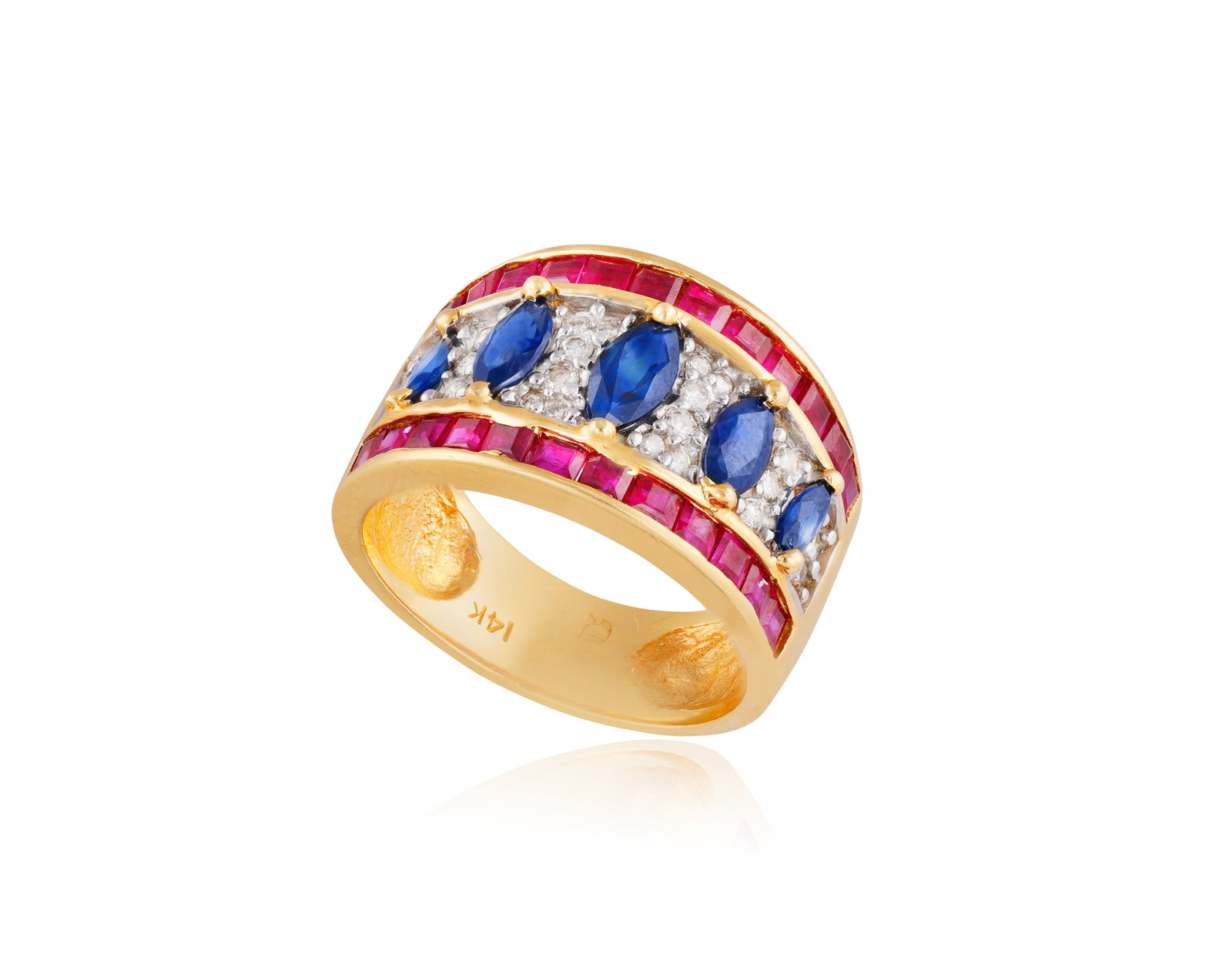 A SAPPHIRE, RUBY AND DIAMOND DRESS RING • Graduated marquise-shaped sapphires • (1 of 2)
