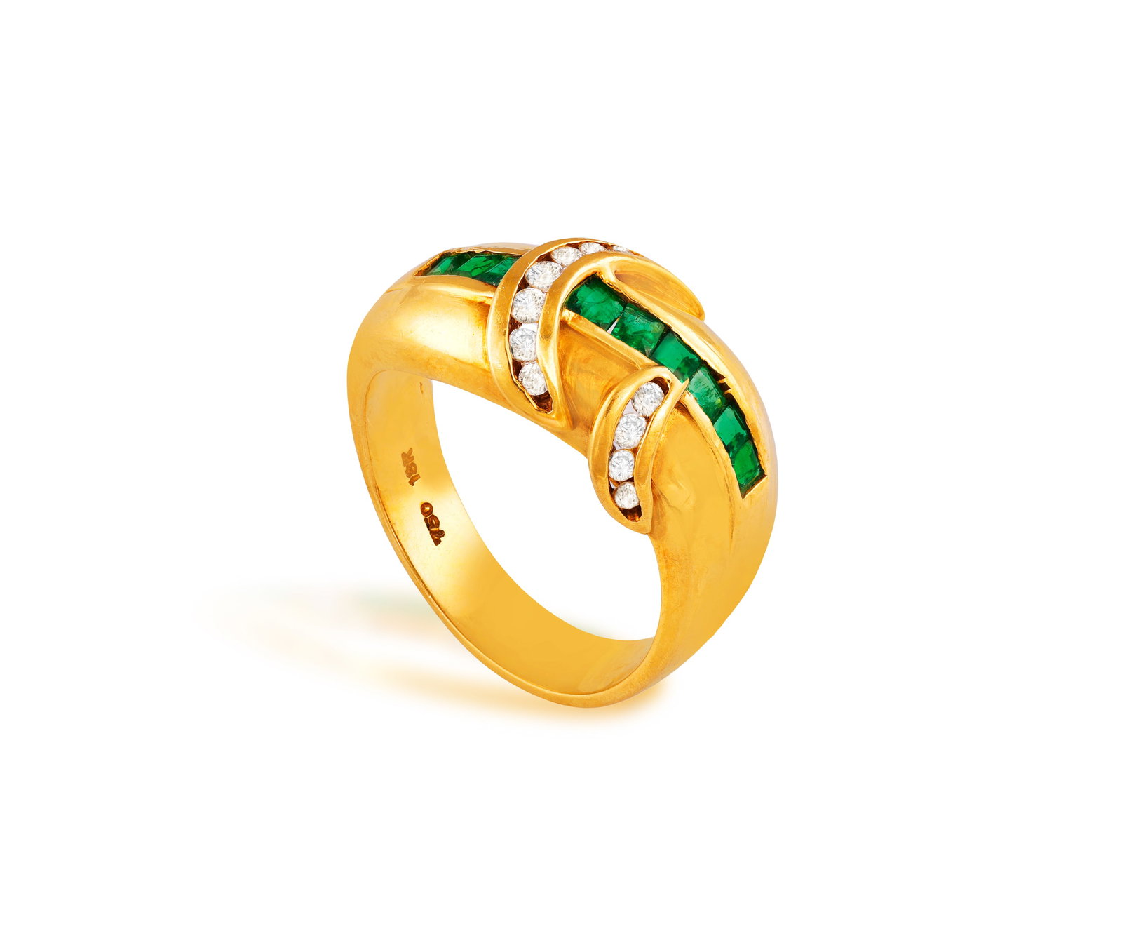 AN EMERALD AND DIAMOND RING • Calibré-cut emeralds • brilliant-cut diamonds •: AN EMERALD AND DIAMOND RING • Calibré-cut emeralds • brilliant-cut diamonds • mounted in 18K gold • ring size M⅓