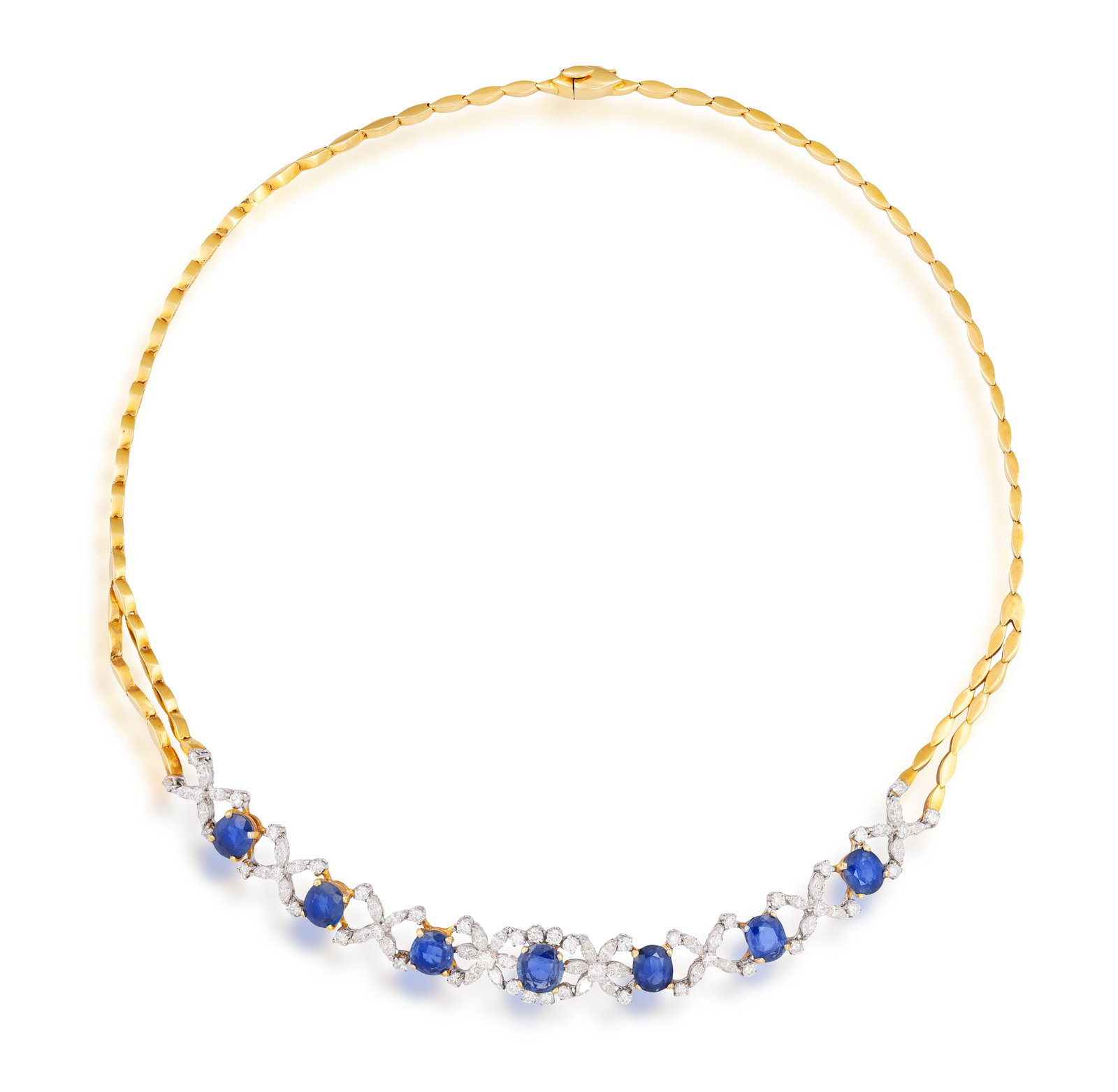 A SAPPHIRE AND DIAMOND NECKLACE • Seven oval and cushion-shaped sapphires, approx. 11.00cts to (1 of 3)