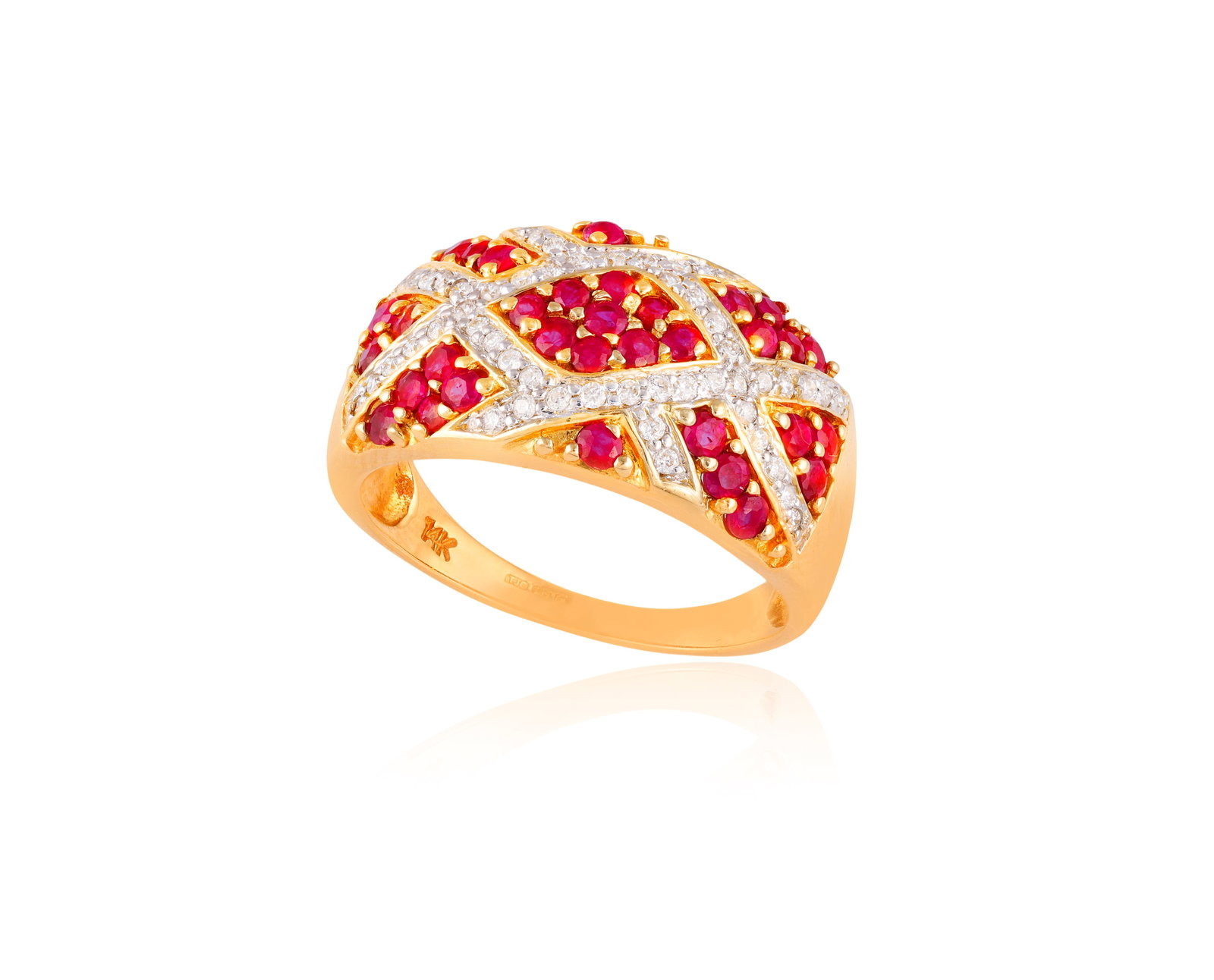 A RUBY AND DIAMOND RING • Circular-cut rubies • brilliant-cut diamonds • mounted i: A RUBY AND DIAMOND RING • Circular-cut rubies • brilliant-cut diamonds • mounted in 14K gold • English hallmarks • ring size O *This lot is sold without a reserve