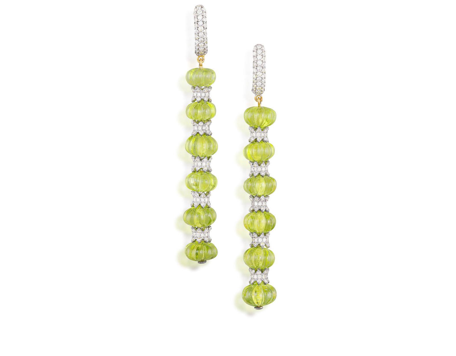 A PAIR OF PERIDOT AND DIAMOND PENDENT EARRINGS • Two carved peridot beads, approx. 35.00cts: A PAIR OF PERIDOT AND DIAMOND PENDENT EARRINGS • Two carved peridot beads, approx. 35.00cts total • single-cut diamonds, approx. 1.60cts total • mounted in silver and 14K gold •