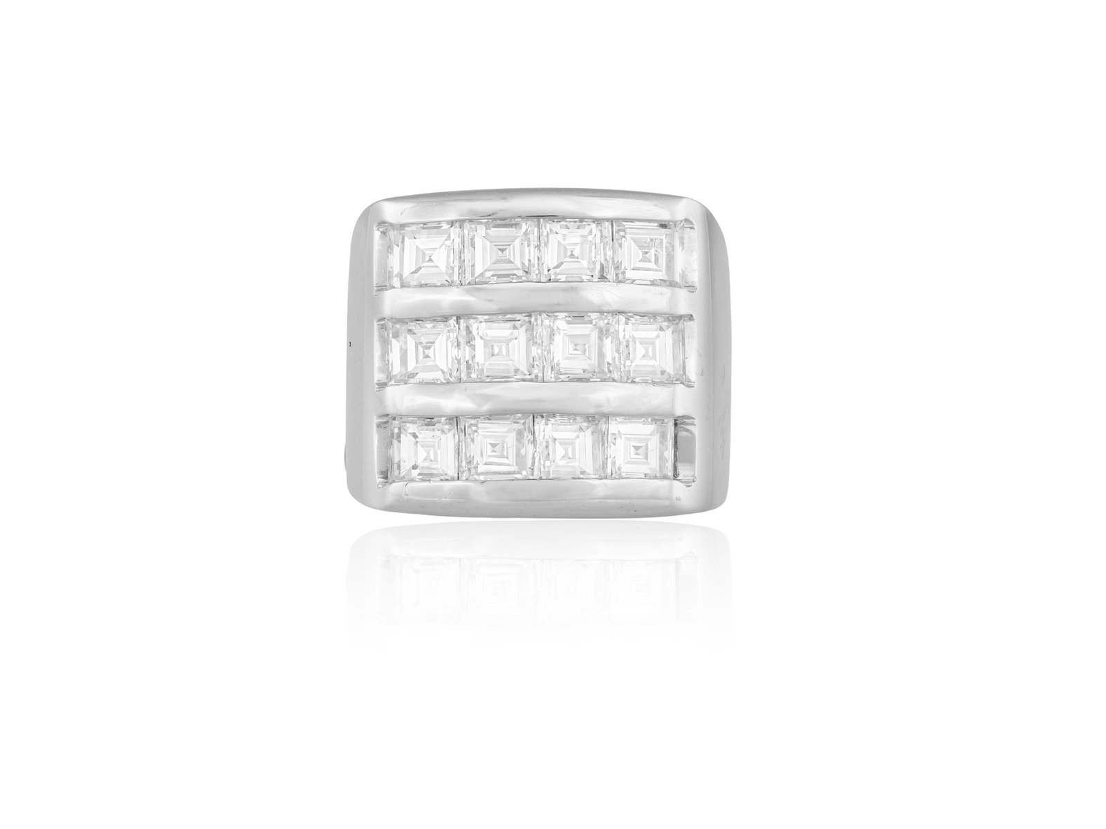 A DIAMOND DRESS RING • Three rows of princess-cut diamonds, approx. 3.50cts total • moun (1 of 4)