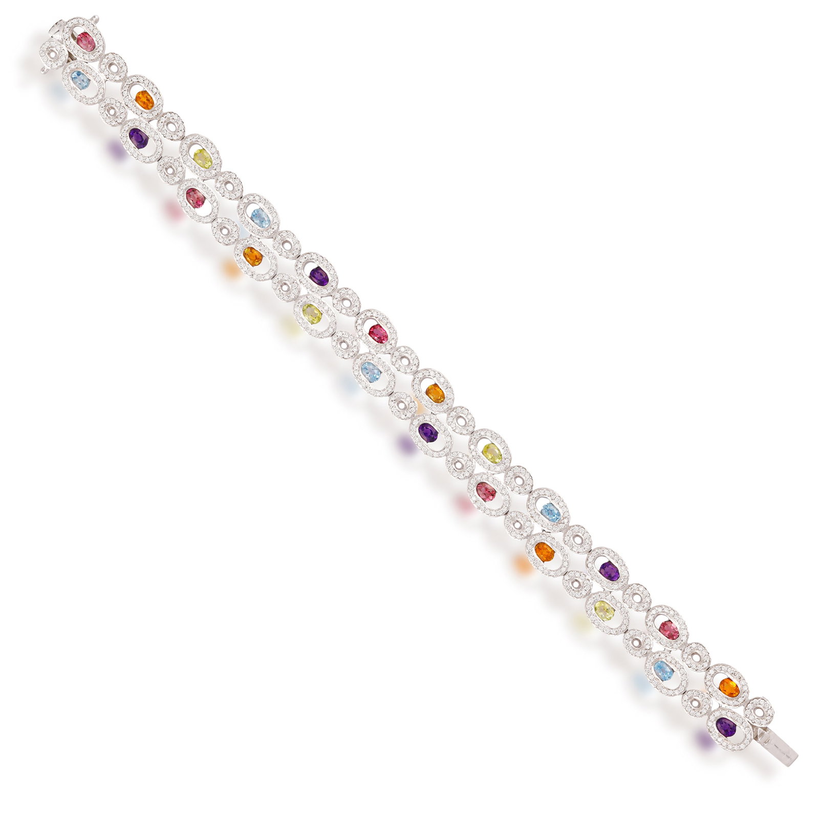 A GEM-SET AND DIAMOND BRACELET • Oval-shaped amethysts, topazes, citrines, tourmalines and: A GEM-SET AND DIAMOND BRACELET • Oval-shaped amethysts, topazes, citrines, tourmalines and peridots • brilliant-cut diamonds, approx. 3.50cts total • mounted in 14K gold • leng