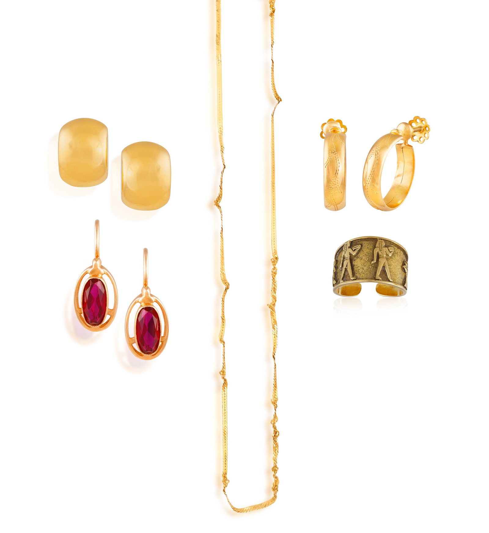 A GROUP OF JEWELLERY • Comprising: A pair of hoop earrings • in 18K gold • length  (1 of 10)