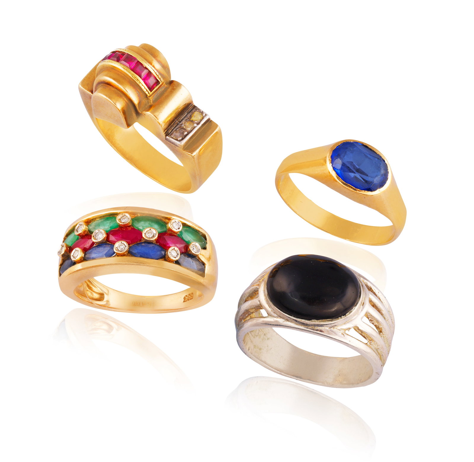 A GROUP OF FOUR RINGS • The first tank ring set with rose-cut diamonds and calibré-cut: A GROUP OF FOUR RINGS • The first tank ring set with rose-cut diamonds and calibré-cut rubies • mounted in 18K gold • Portuguese assay mark between '1938-1984' • ring size J&frac1
