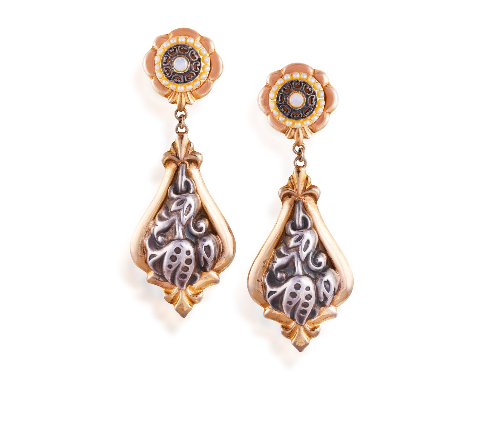 TWO PAIRS OF PENDENT EARRINGS • The first with seed pearls • mounted in silver and gold  (1 of 2)