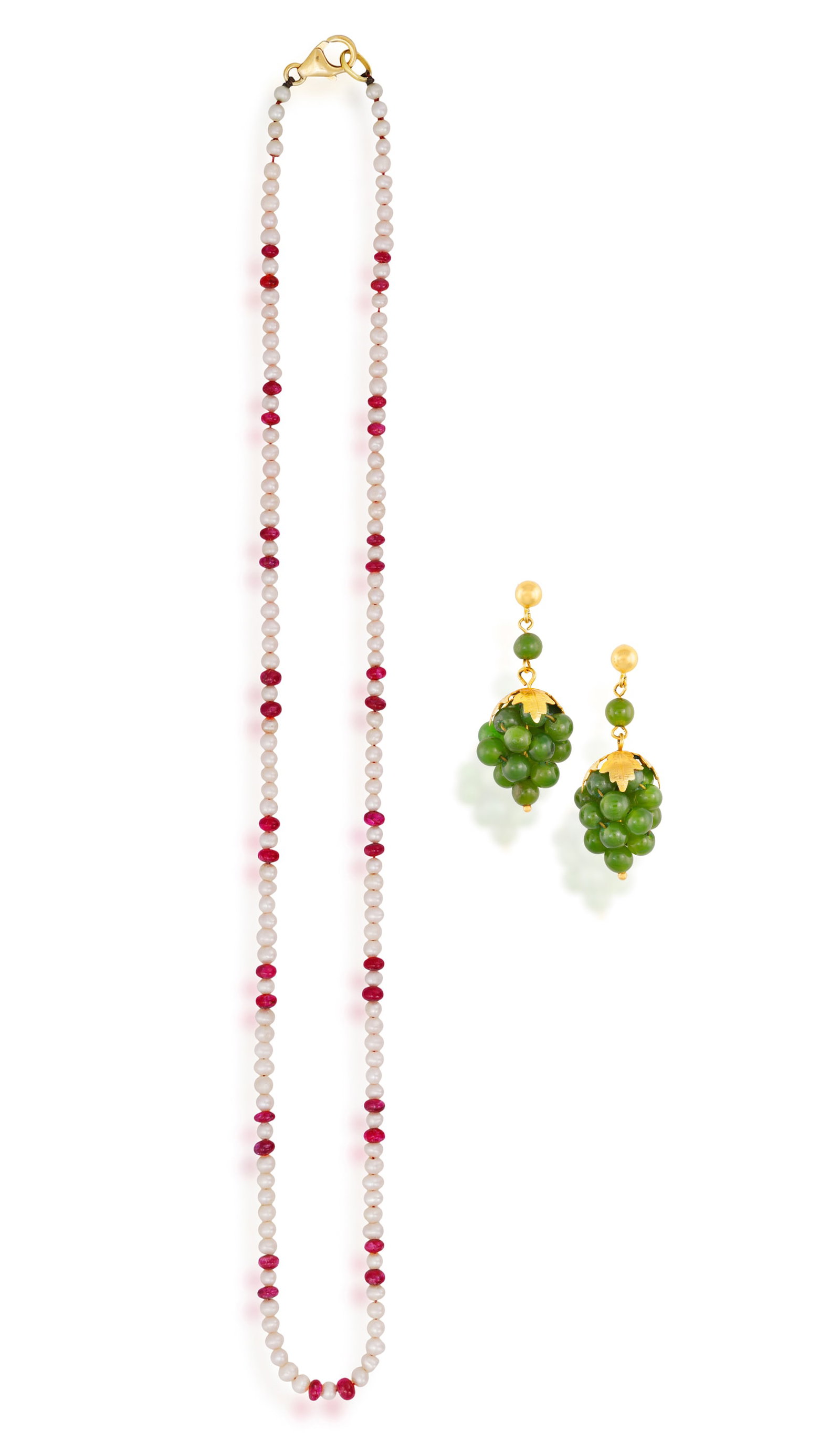 A CULTURED PEARL AND RUBY NECKLACE TOGETHER WITH A PAIR OF EARRINGS • A necklace • cultu: A CULTURED PEARL AND RUBY NECKLACE TOGETHER WITH A PAIR OF EARRINGS • A necklace • cultured pearls • ruby beads • mounted in 18K gold • length 44cm; A pair of earrings &#