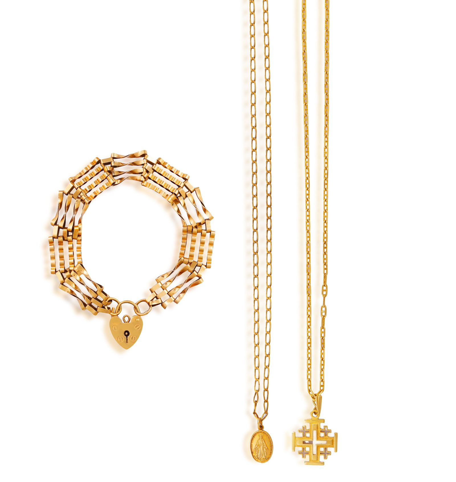 A GROUP OF JEWELLERY • A gate-link bracelet • heart-shaped padlock clasp • with: A GROUP OF JEWELLERY • A gate-link bracelet • heart-shaped padlock clasp • with security chain • in 9K gold • Irish hallmarks • length 18.5cm; A cross pendant on