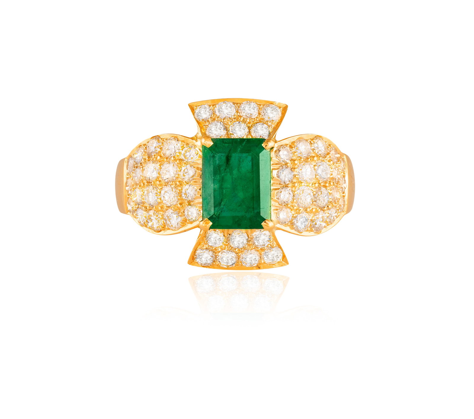 AN EMERALD AND DIAMOND RING • Rectangular-shaped emerald, approx. 1.50cts •: AN EMERALD AND DIAMOND RING • Rectangular-shaped emerald, approx. 1.50cts • brilliant-cut diamonds, approx. 1.30cts total • mounted in 18K gold • ring size P