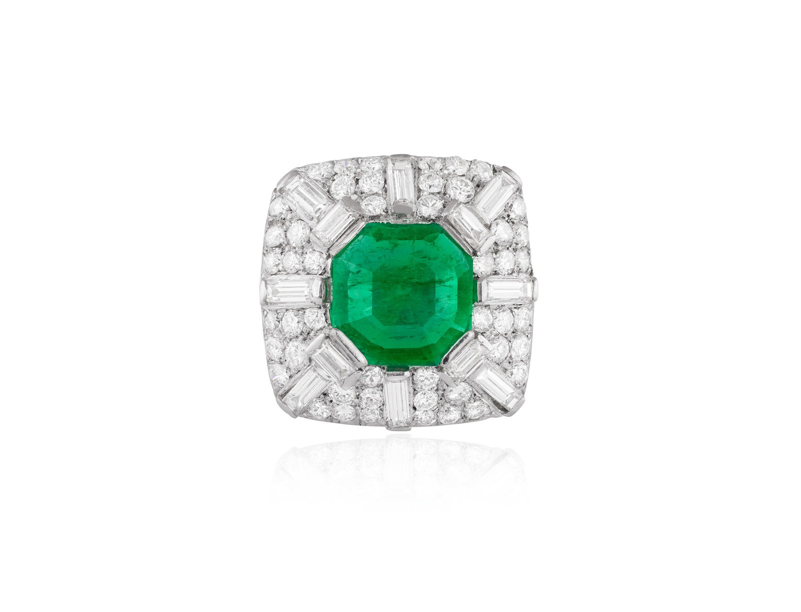 AN EMERALD AND DIAMOND CLUSTER RING • Octagonal-shaped emerald, approx. 2.20cts •: AN EMERALD AND DIAMOND CLUSTER RING • Octagonal-shaped emerald, approx. 2.20cts • brilliant and baguette-cut diamonds, approx. 2.20cts total • mounted in 18K gold • ring size