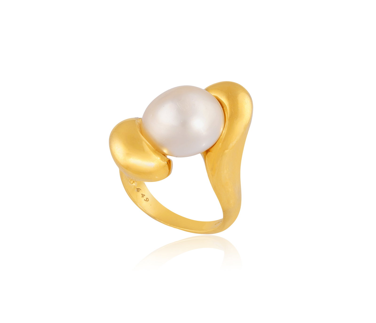 A CULTURED PEARL RING • Cultured pearl of white tint, measuring approx. 12.7mm • mounted: A CULTURED PEARL RING • Cultured pearl of white tint, measuring approx. 12.7mm • mounted in 18K gold • ring size M⅔