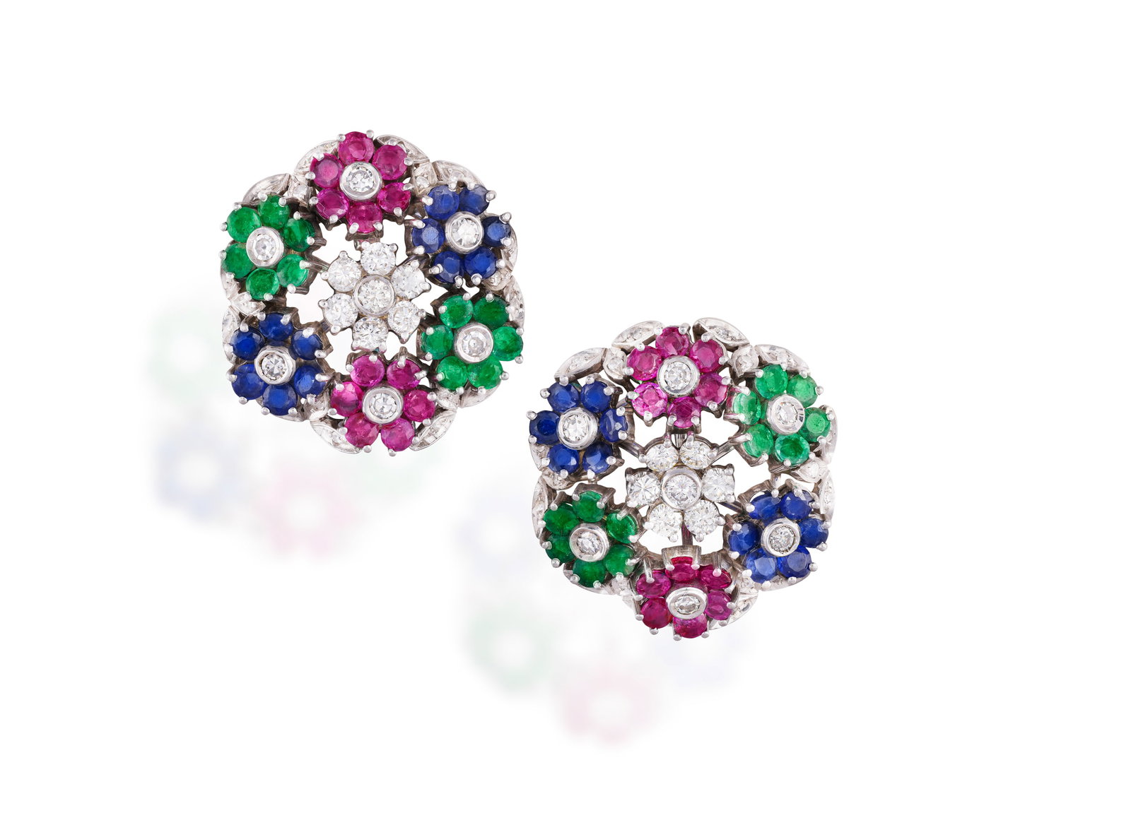 A PAIR OF GEM-SET AND DIAMOND FLOWER EARRINGS • Brilliant and single-cut diamonds, approx.: A PAIR OF GEM-SET AND DIAMOND FLOWER EARRINGS • Brilliant and single-cut diamonds, approx. 2.10cts total • circular-cut rubies, emeralds and sapphires • mounted in 18K gold •
