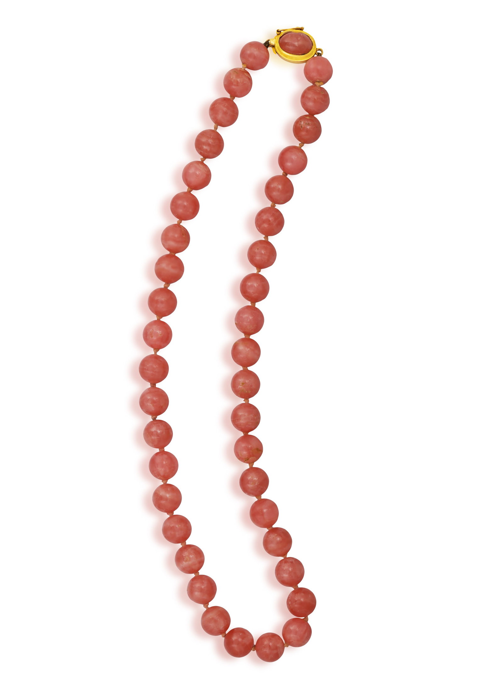 A RHODOCHROSITE BEAD NECKLACE • Single row of rhodochrosite beads, measuring approx. 11.3mm: A RHODOCHROSITE BEAD NECKLACE • Single row of rhodochrosite beads, measuring approx. 11.3mm • length 55.5cm * This lot is sold without a reserve