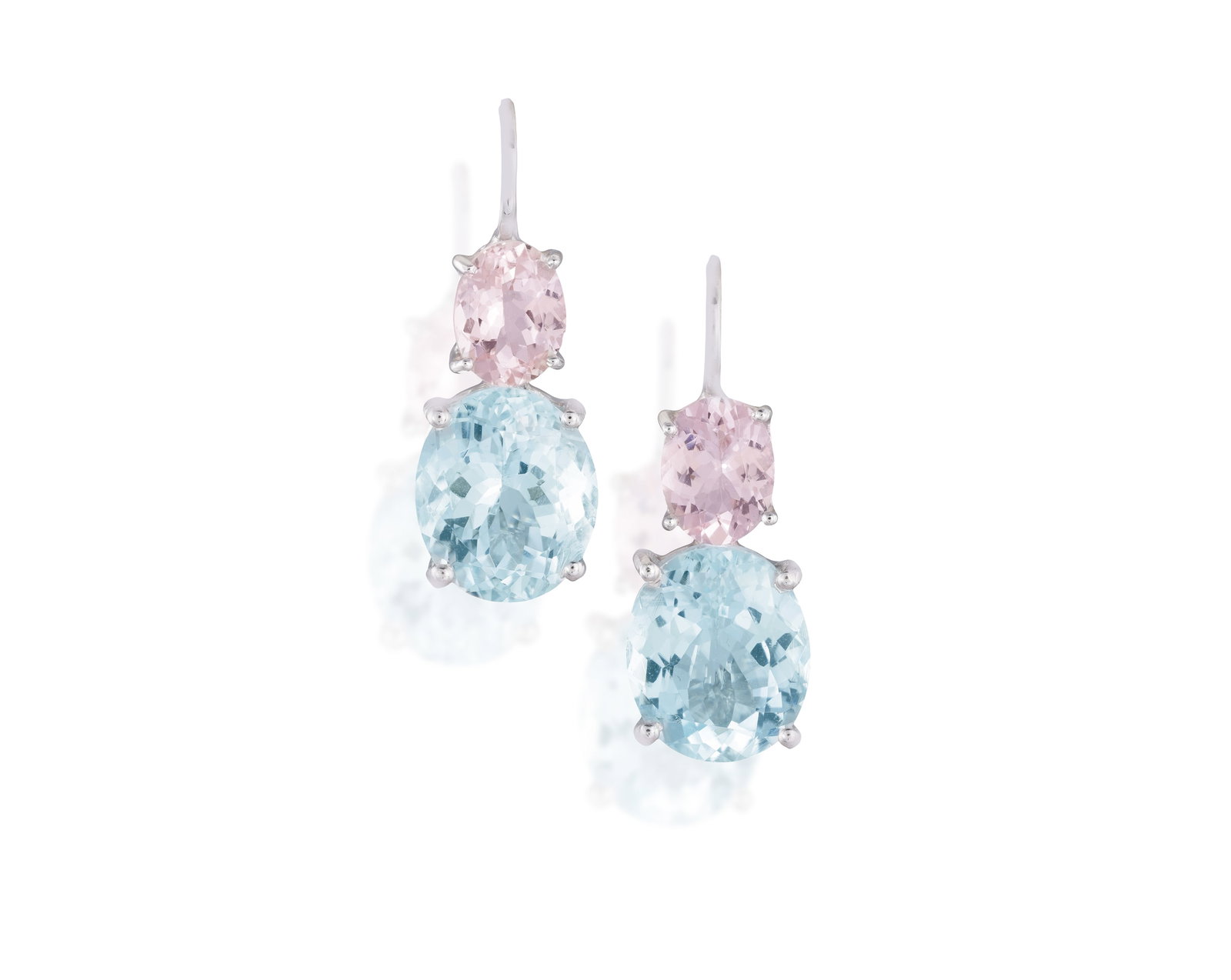 A PAIR OF AQUAMARINE AND MORGANITE PENDENT EARRINGS • Two oval-shaped aquamarines, approx. (1 of 2)
