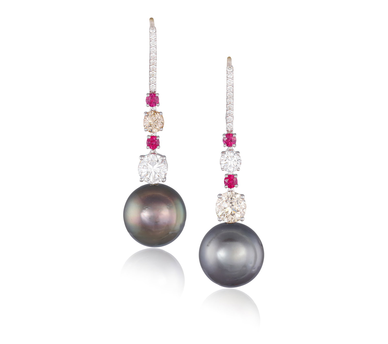 GABRI: A PAIR OF CULTURED PEARL, DIAMOND AND RUBY PENDENT EARRINGS • Two Tahitian cultured pea (1 of 2)