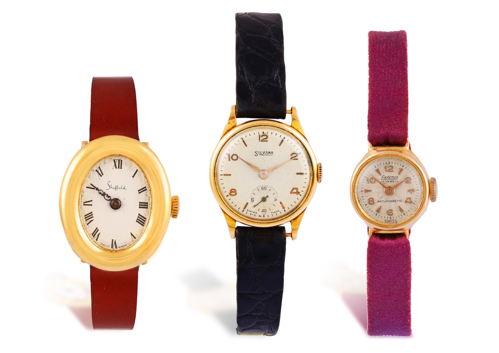 A GROUP OF THREE LADIES WRISTWATCHES • The first: manual movement • circular silvered en: A GROUP OF THREE LADIES WRISTWATCHES • The first: manual movement • circular silvered engine-turning dial • Arabic numerals and baton-shaped hour markers • purple leather and s