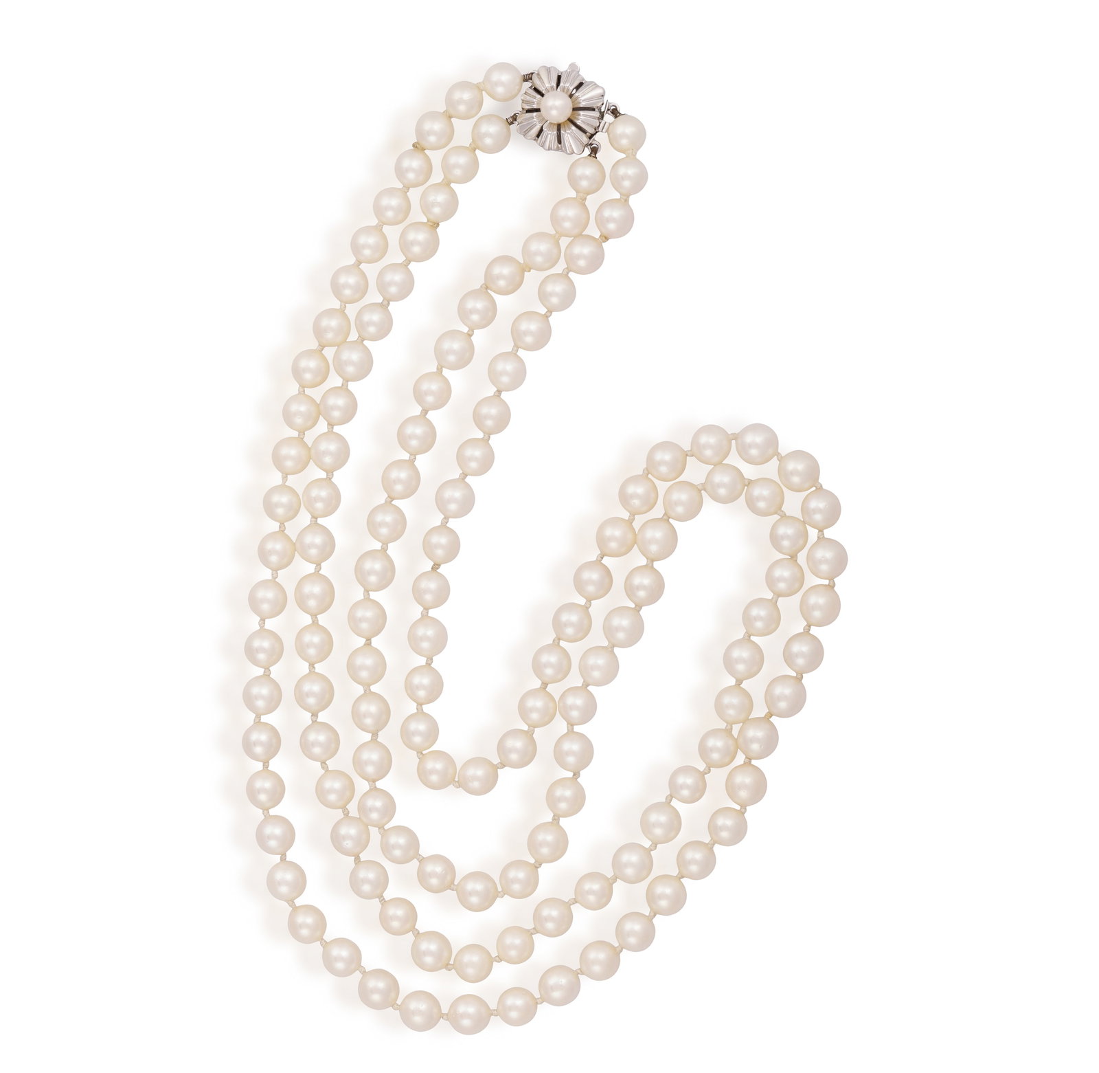 A CULTURED PEARL NECKLACE • Two rows of cultured pearls of cream tint, approx. 6.3mm to 7.1mm  (1 of 4)