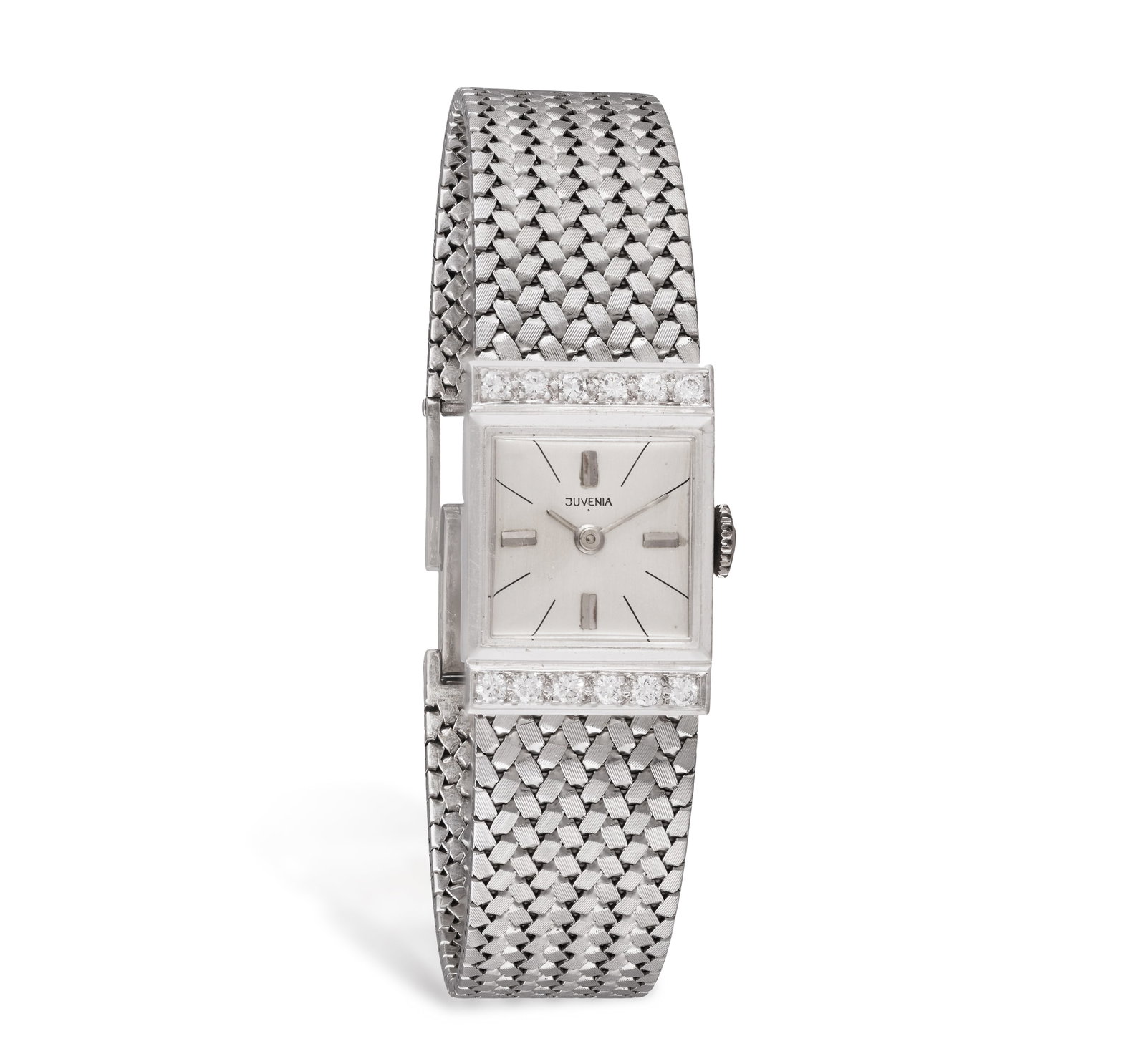 JUVENIA: A LADY'S 18K GOLD AND DIAMOND-SET COCKTAIL WATCH, CIRCA 1965 • Manual wind movement &: JUVENIA: A LADY'S 18K GOLD AND DIAMOND-SET COCKTAIL WATCH, CIRCA 1965 • Manual wind movement • square silver dial • baton hour for numerals • brilliant-cut diamond lug • 