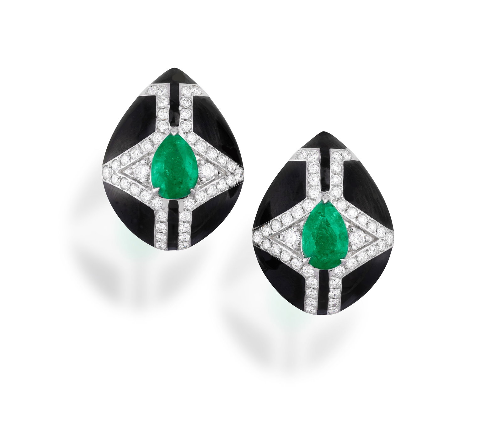 A PAIR OF EMERALD, ONYX AND DIAMOND EARRINGS • Pear-shaped emeralds • fancy-shaped onyx: A PAIR OF EMERALD, ONYX AND DIAMOND EARRINGS • Pear-shaped emeralds • fancy-shaped onyx plaques • brilliant-cut diamonds • mounted in 18K gold • French import mark