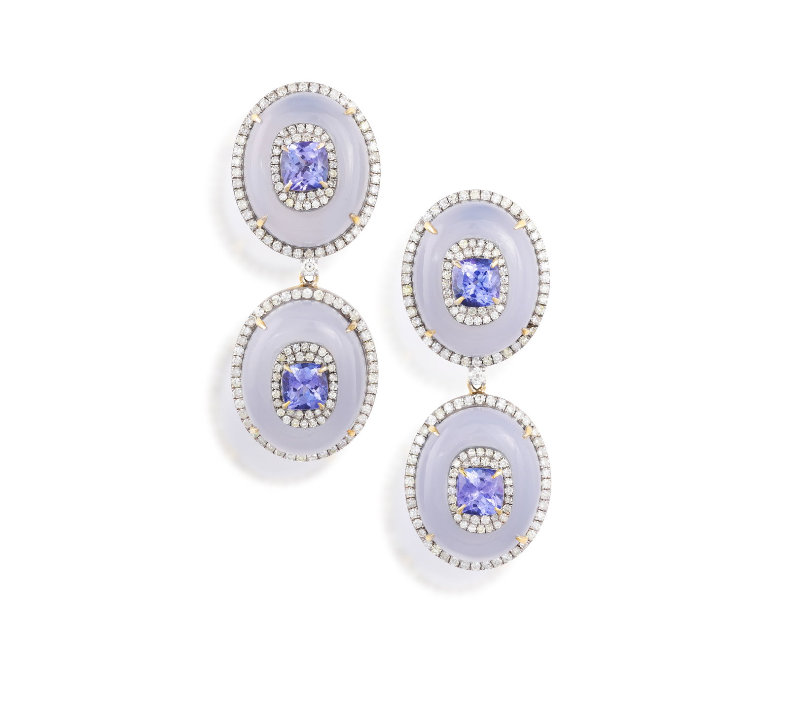 A PAIR OF CHALCEDONY, TANZANITE AND DIAMOND PENDENT EARRINGS • Oval-shaped chalcedony: A PAIR OF CHALCEDONY, TANZANITE AND DIAMOND PENDENT EARRINGS • Oval-shaped chalcedony cabochons • cushion-shaped tanzanites, approx. 2.50cts total • single and old brilliant-cut