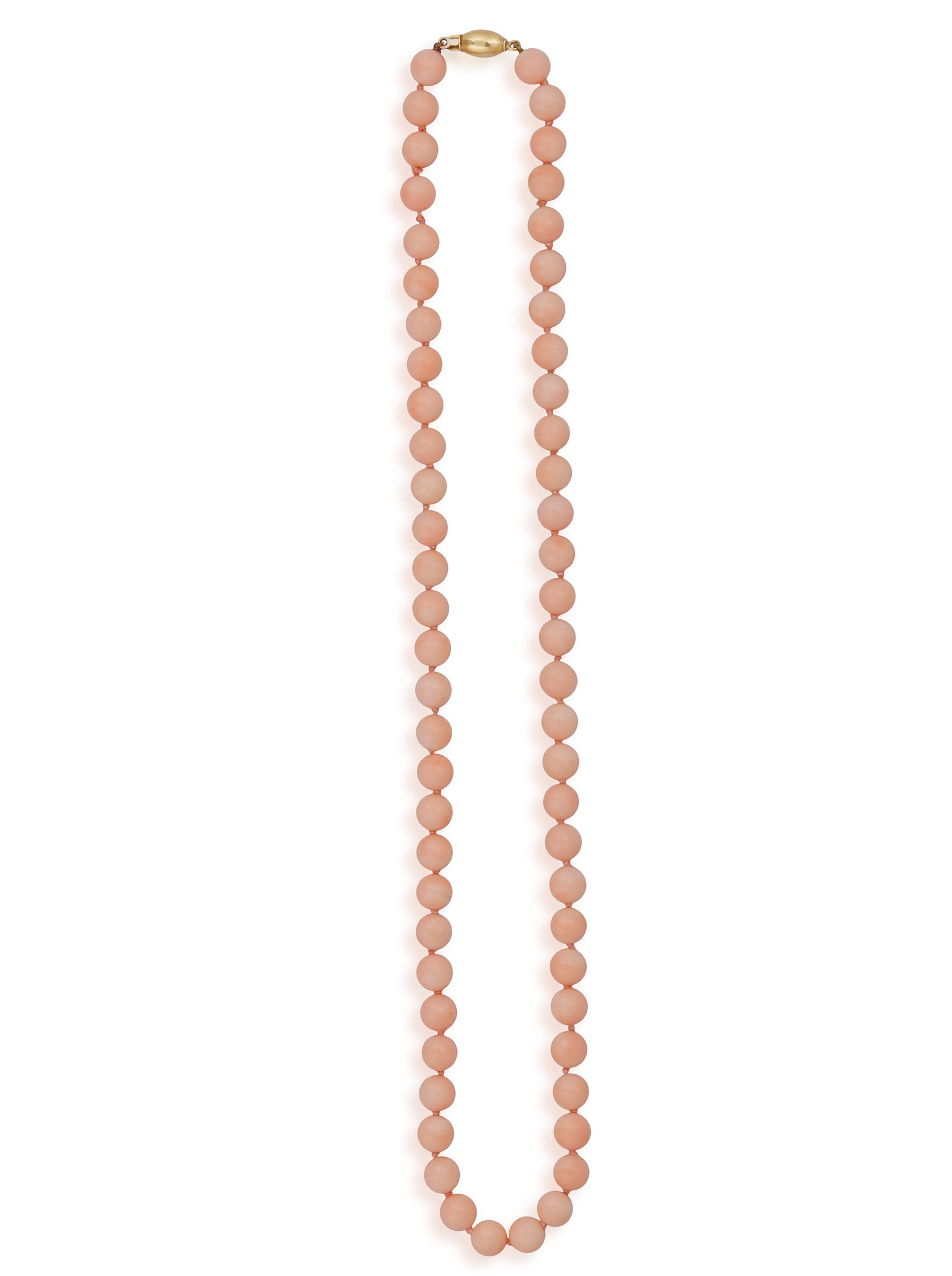 A CORAL NECKLACE • Single row of coral beads • clasp in 18K gold • length 55.5cm: A CORAL NECKLACE • Single row of coral beads • clasp in 18K gold • length 55.5cm **Prospective buyers are advised that several countries prohibit the importation of items containing