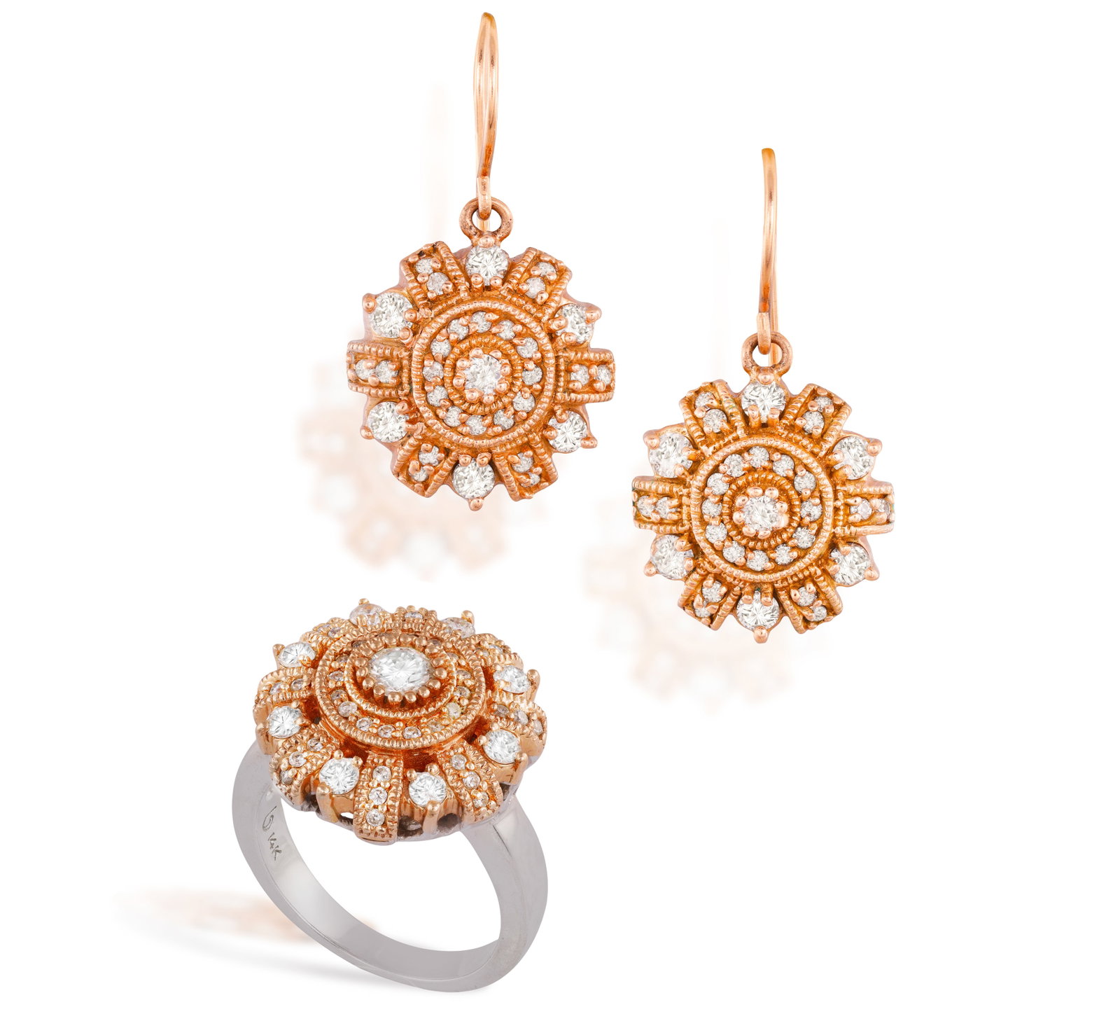 A DIAMOND RING WITH EARRINGS EN-SUITE • Of cluster design • brilliant-cut diamonds, (1 of 2)
