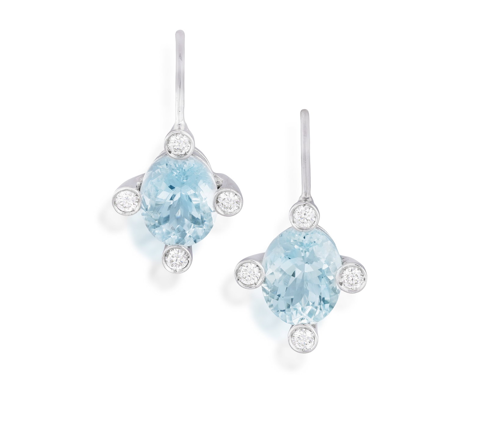 A PAIR OF AQUAMARINE AND DIAMOND EARRINGS • Oval-shaped aquamarines, approx. 5.20cts total: A PAIR OF AQUAMARINE AND DIAMOND EARRINGS • Oval-shaped aquamarines, approx. 5.20cts total • brilliant-cut diamonds • mounted in 18K gold • length 2.3cm
