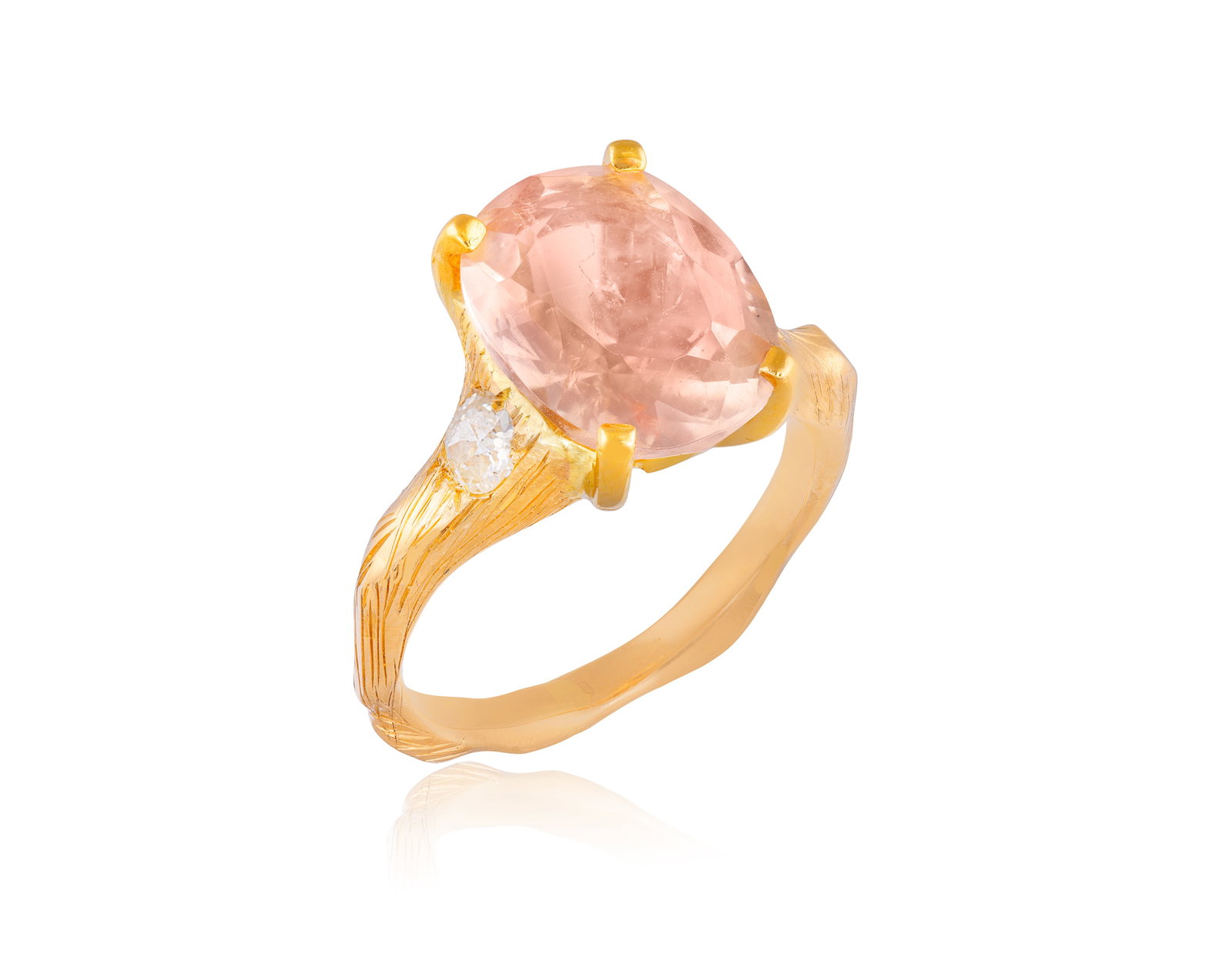 A MORGANITE AND DIAMOND RING • Oval-shaped morganite, approx. 3.00cts total • two old: A MORGANITE AND DIAMOND RING • Oval-shaped morganite, approx. 3.00cts total • two old cushion-shaped diamonds • mounted in 14K gold • ring size J