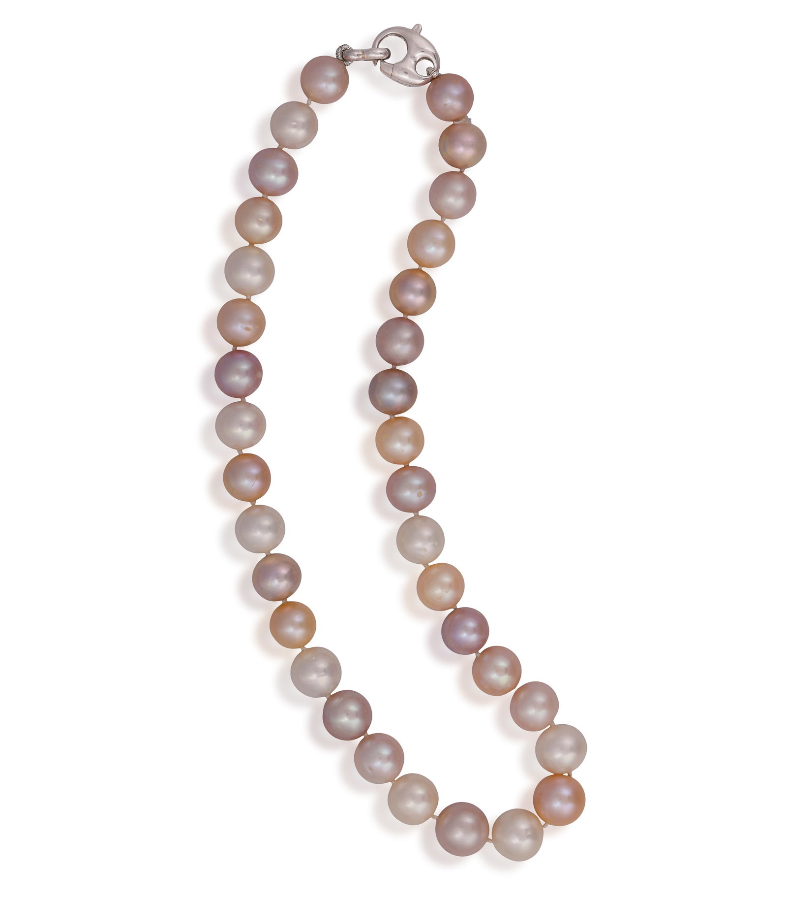 A CULTURED PEARL NECKLACE • Single row of graduated cultured pearl beads of various tints, (1 of 3)