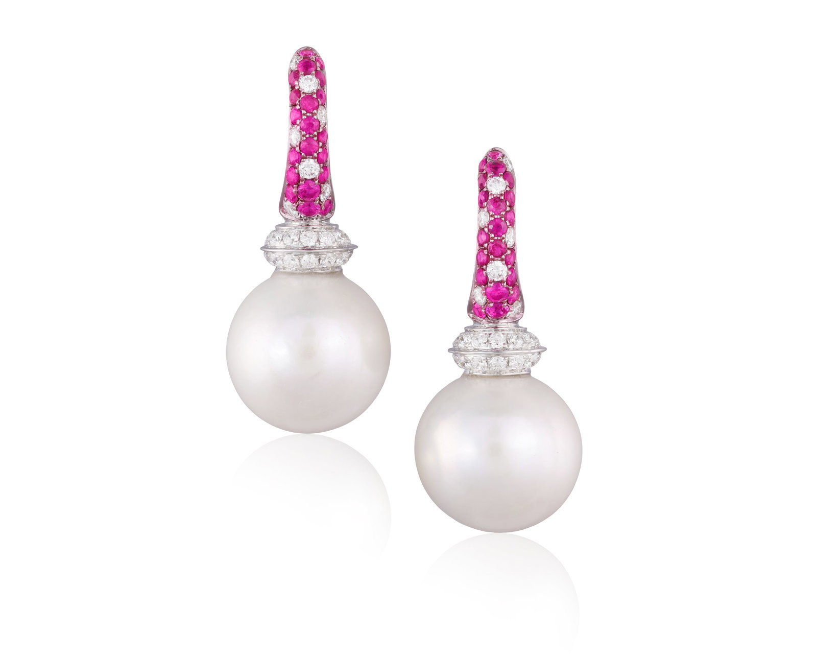 A PAIR OF CULTURED PEARL, SAPPHIRE AND DIAMOND PENDENT EARRINGS • Cultured pearls of white: A PAIR OF CULTURED PEARL, SAPPHIRE AND DIAMOND PENDENT EARRINGS • Cultured pearls of white tint, approx. 12.2mm and 12.1mm • circular-cut pink sapphires • brilliant-cut diamonds